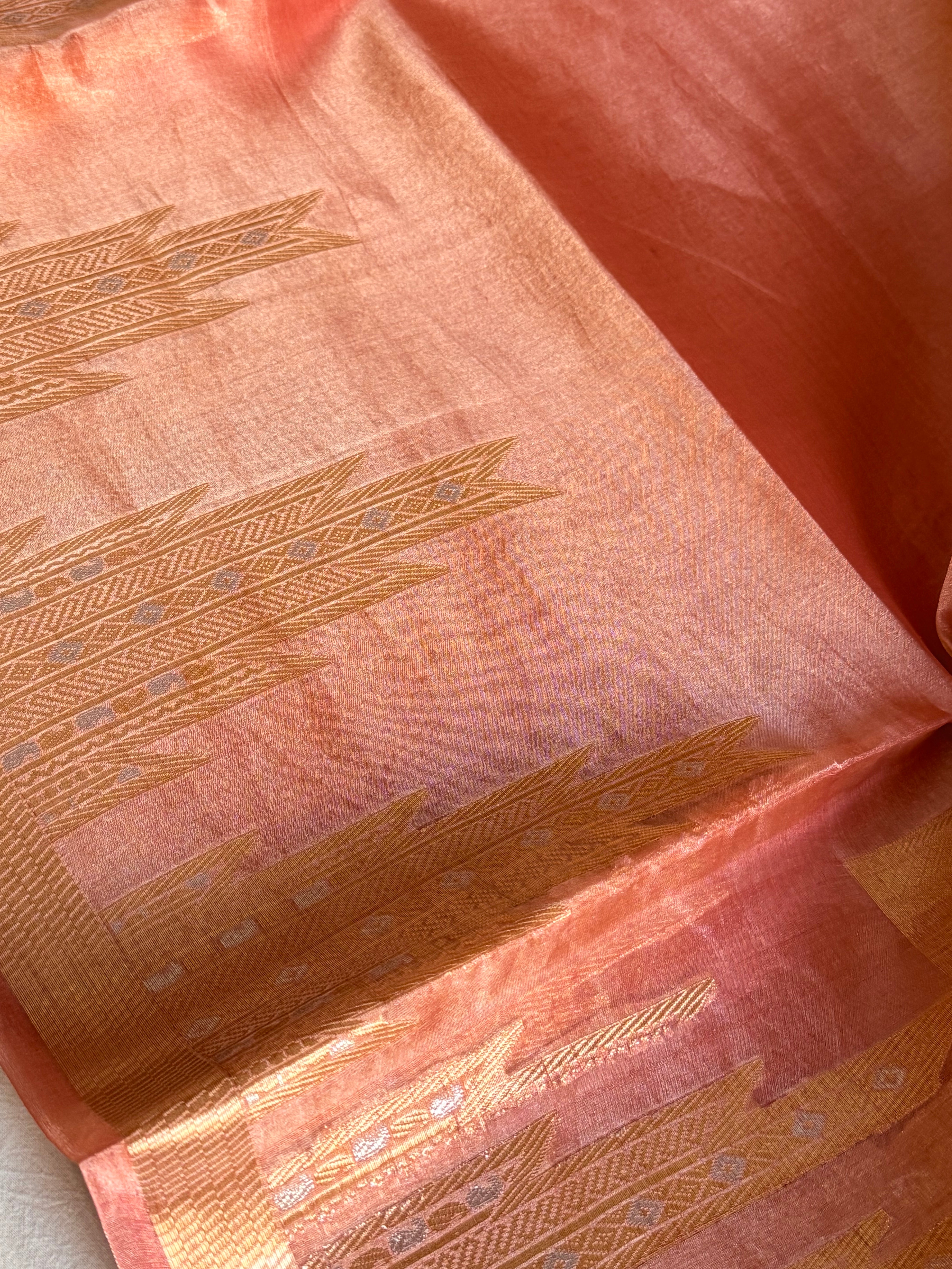 Below 10k - Temple border tissue silk dhup chao effect kadhwa saree