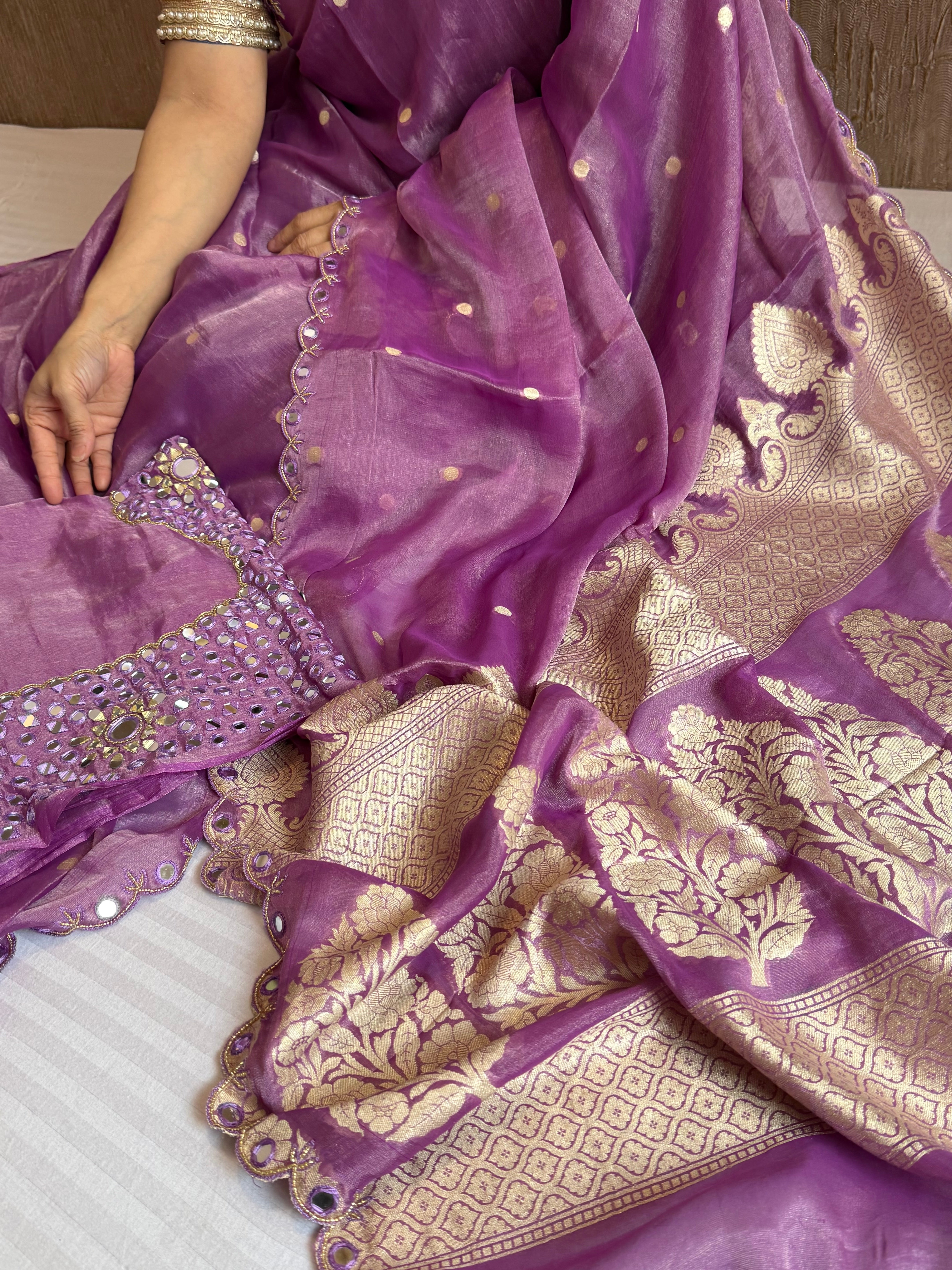 Deep purple tissue gorgette kadhwa hand embroidered saree