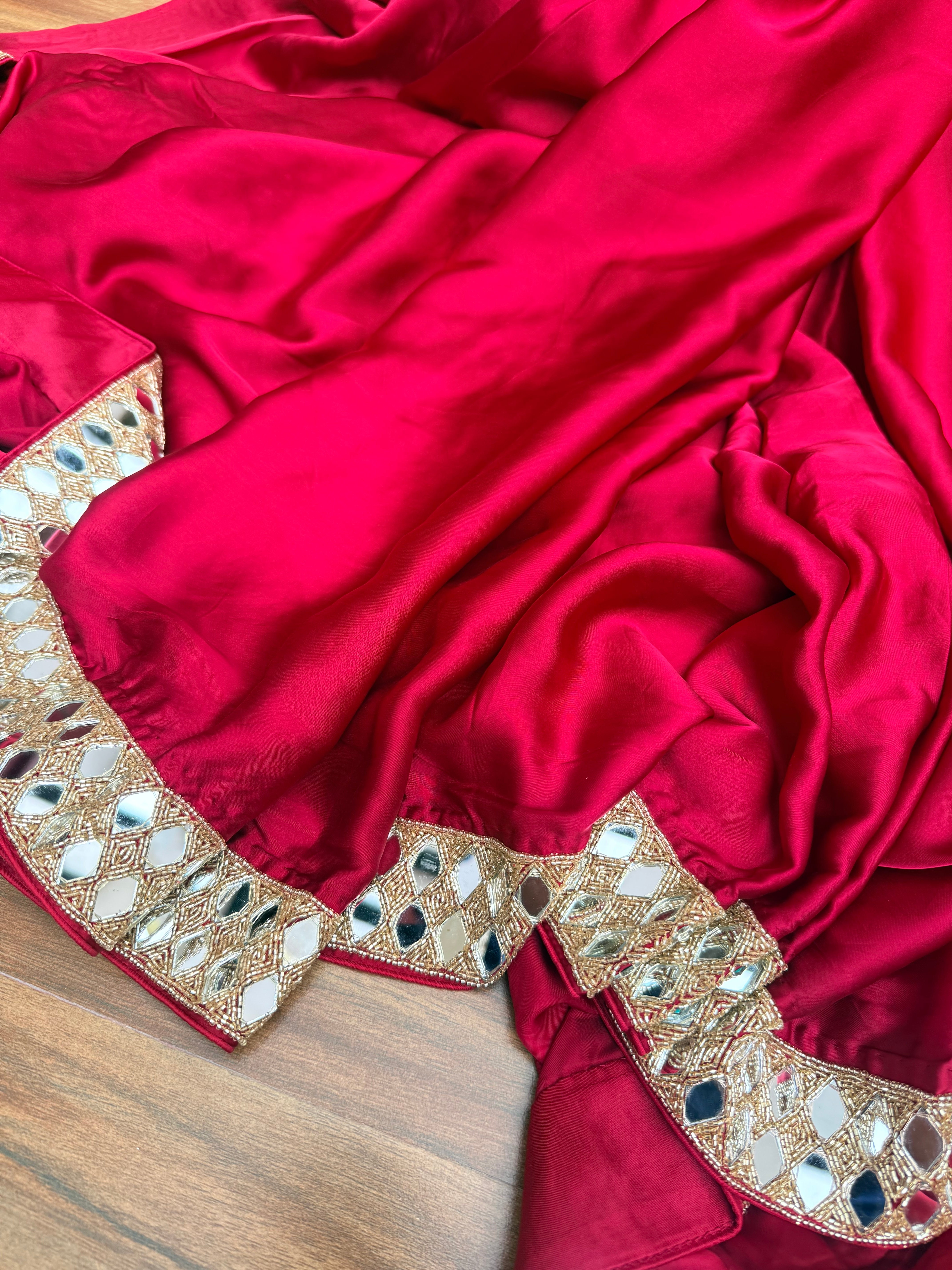 Tyohaar edit - Chilly red mashru satin silk mirrorwork kadhwa saree