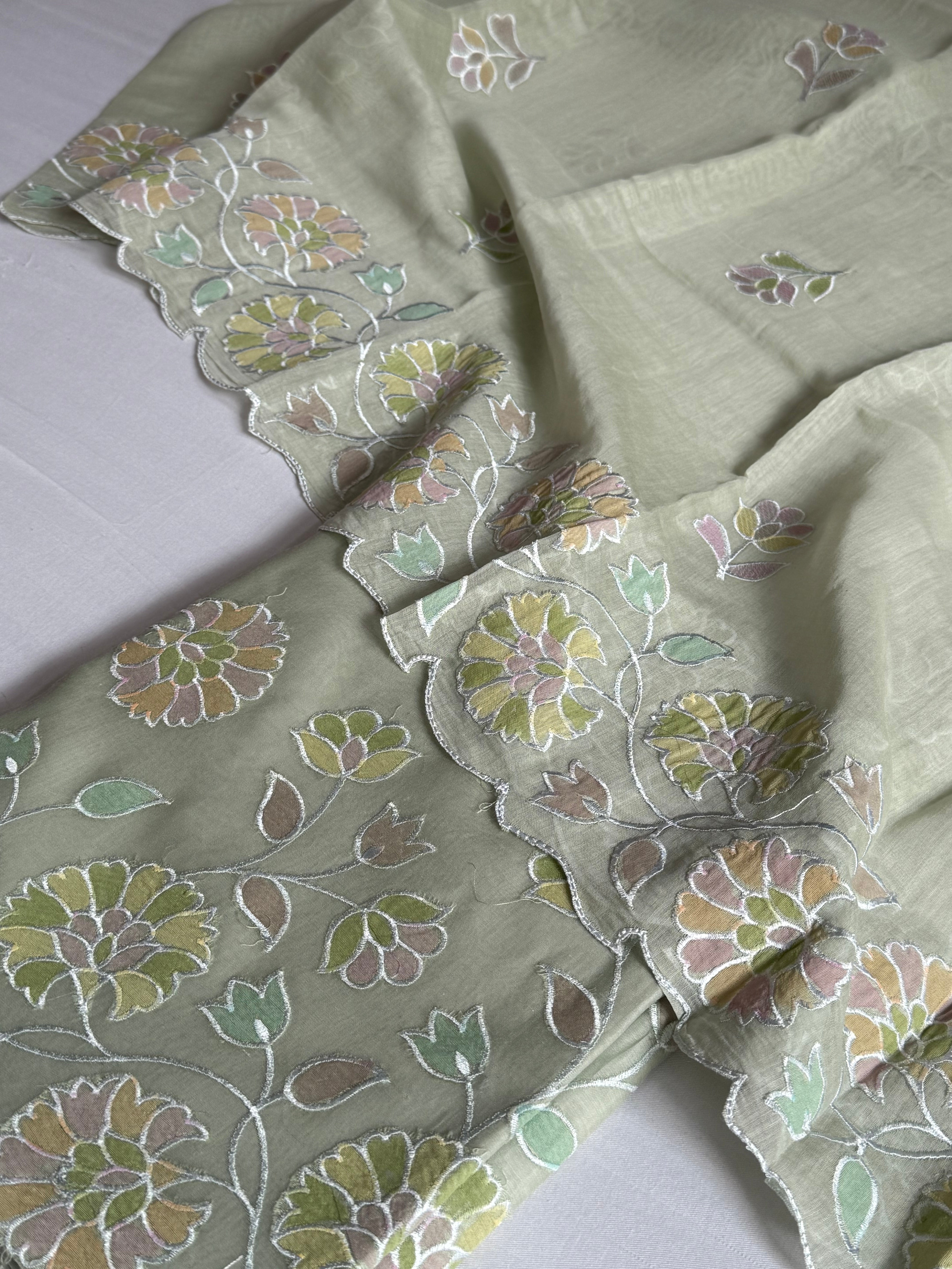 Sage green mul banarasi cotton brush dyed appliqué work suit set