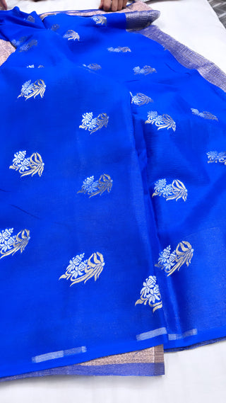 Pure banarasi ink blue crushed tissue silk handwoven kadhwa saree with intricate border and kadhwa blouse