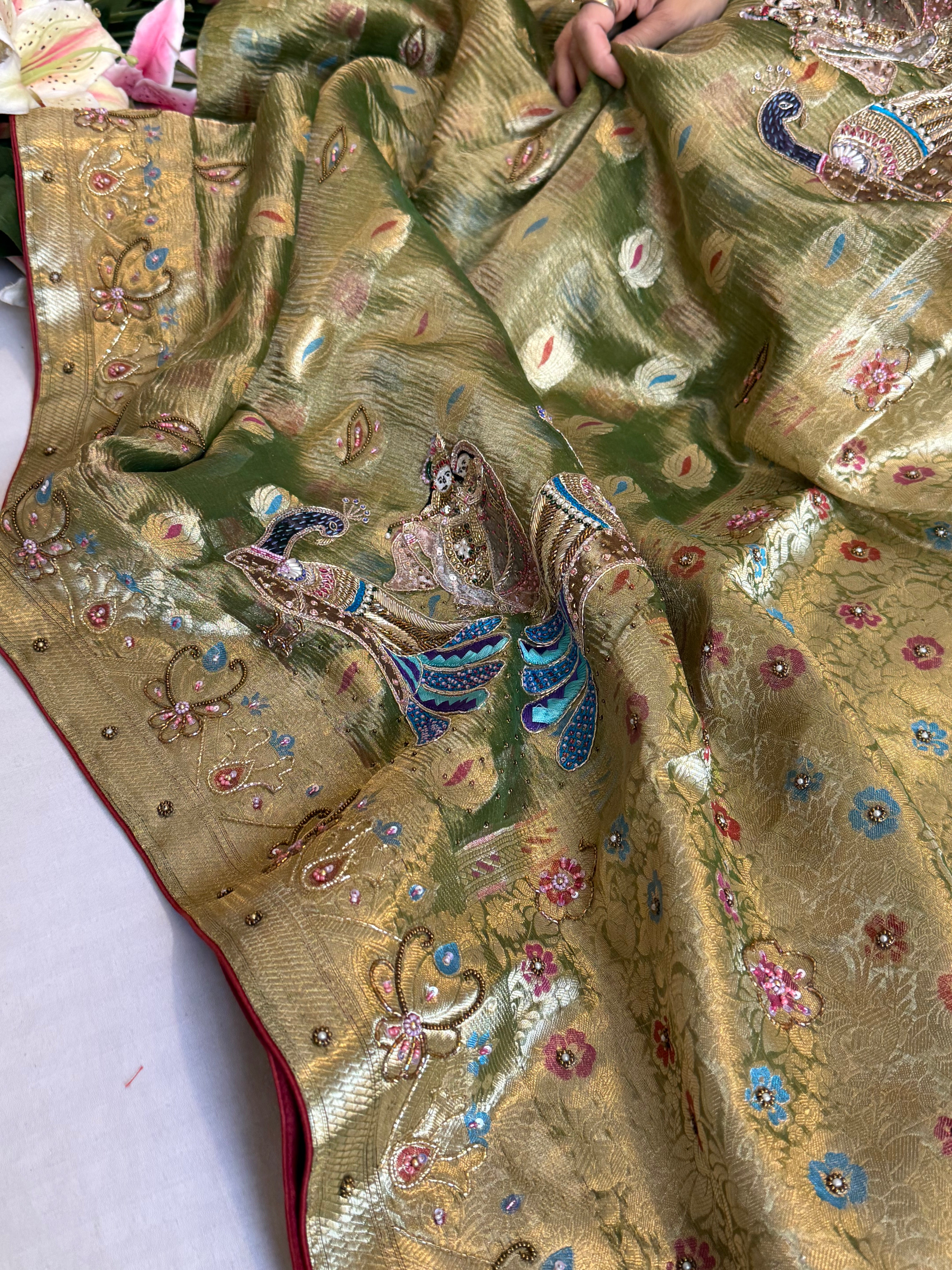 Mehendi green husn crushed tissue silk hand embroidered kadhwa saree