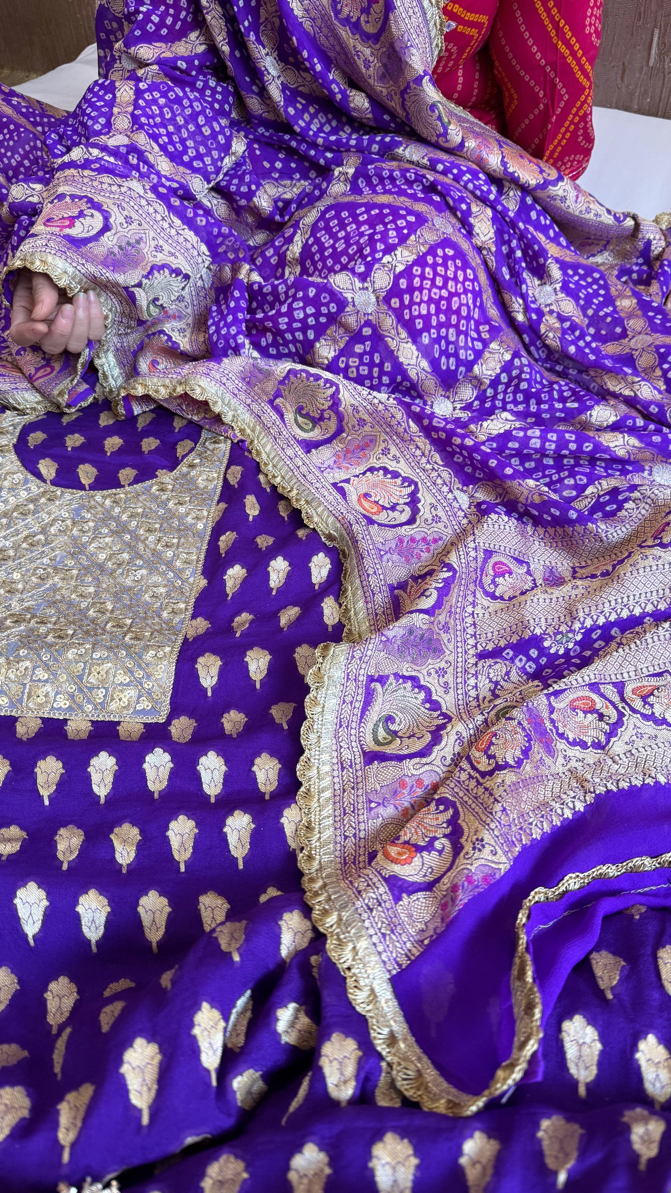 Purple rai bandhej banarasi gorgette kadhwa suit set