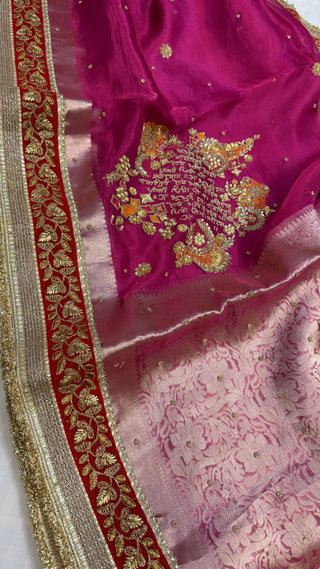 Cocktail edit sarees - Rani pink “gayatri mantra” tissue silk hand embroidered saree