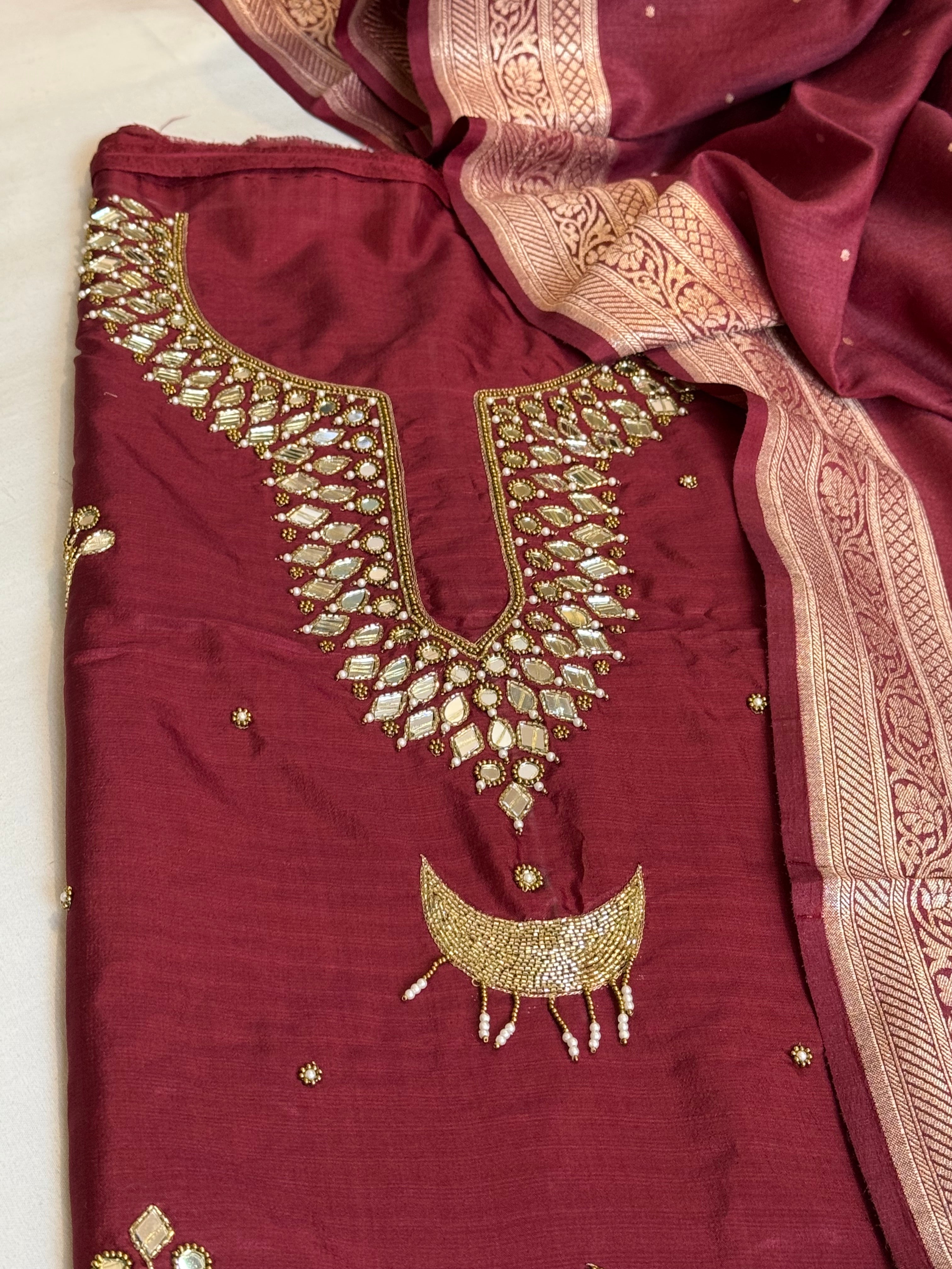 Sheesham maroon mirror work katan silk kadhwa hand embroidered suit set