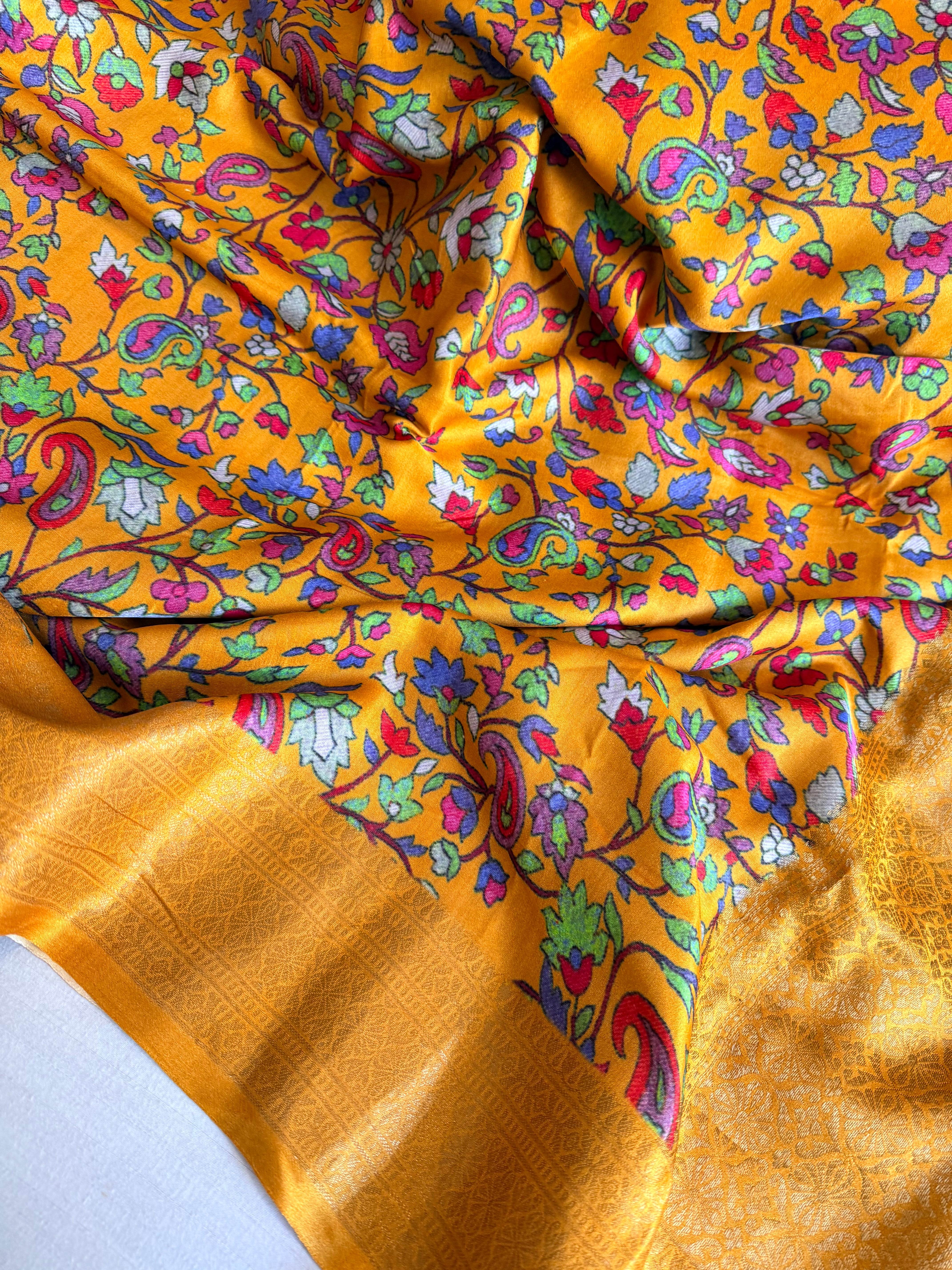 Banarasi mashru satin silk kani weaving printed olive gold saree