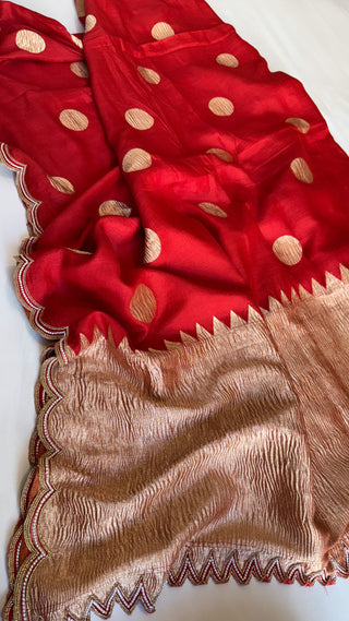 Mastani edit - Blood red moonga silk scalloped hand embroidered kadhwa saree