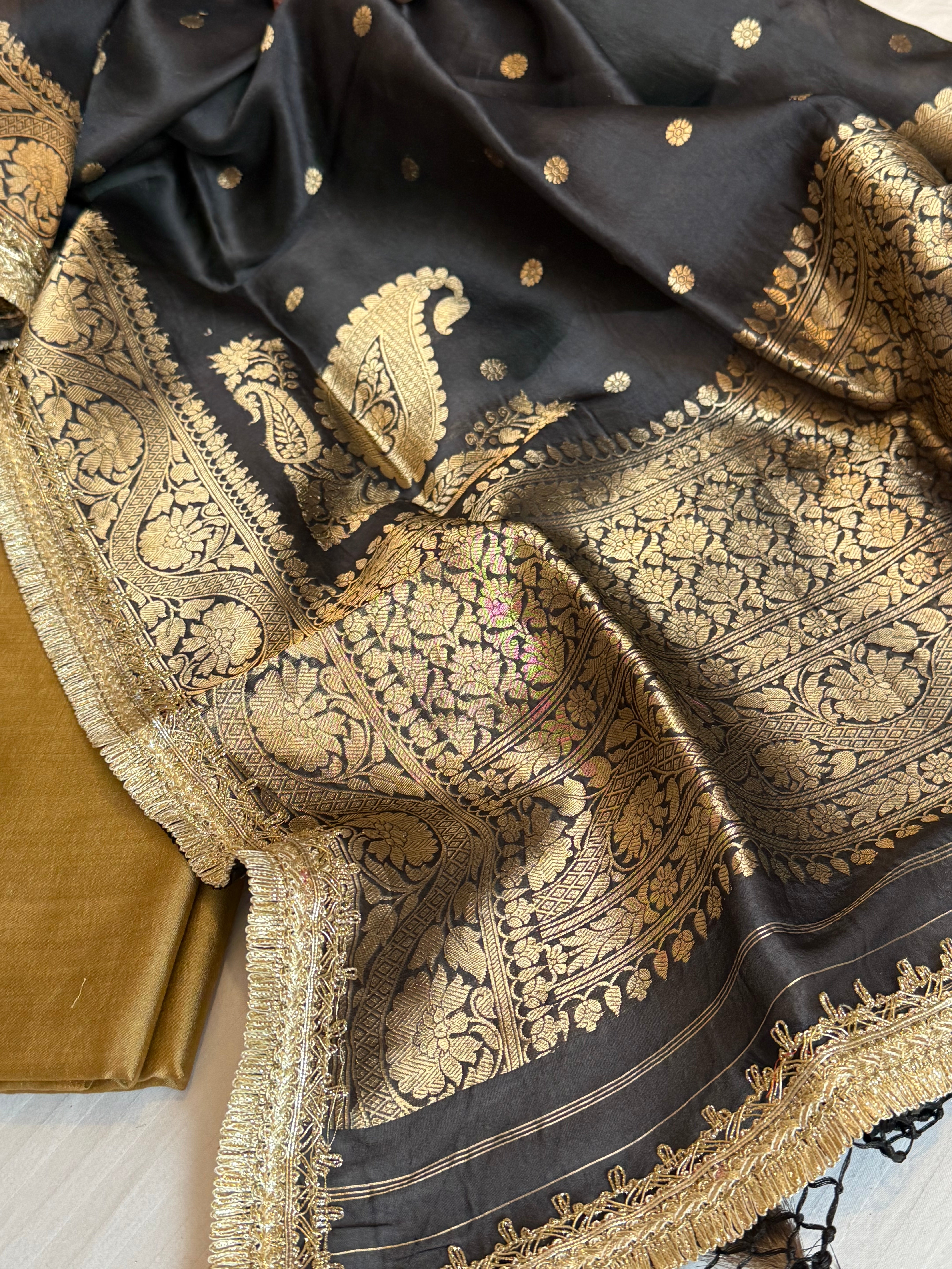 Banarasi olive-gold black combination kohniya buti silk suit sets
