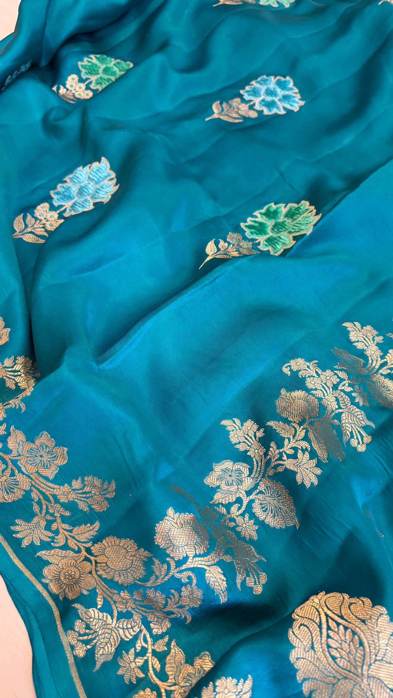 Teal blue banarasi mashru silk velvet buti kadhwa weaving saree