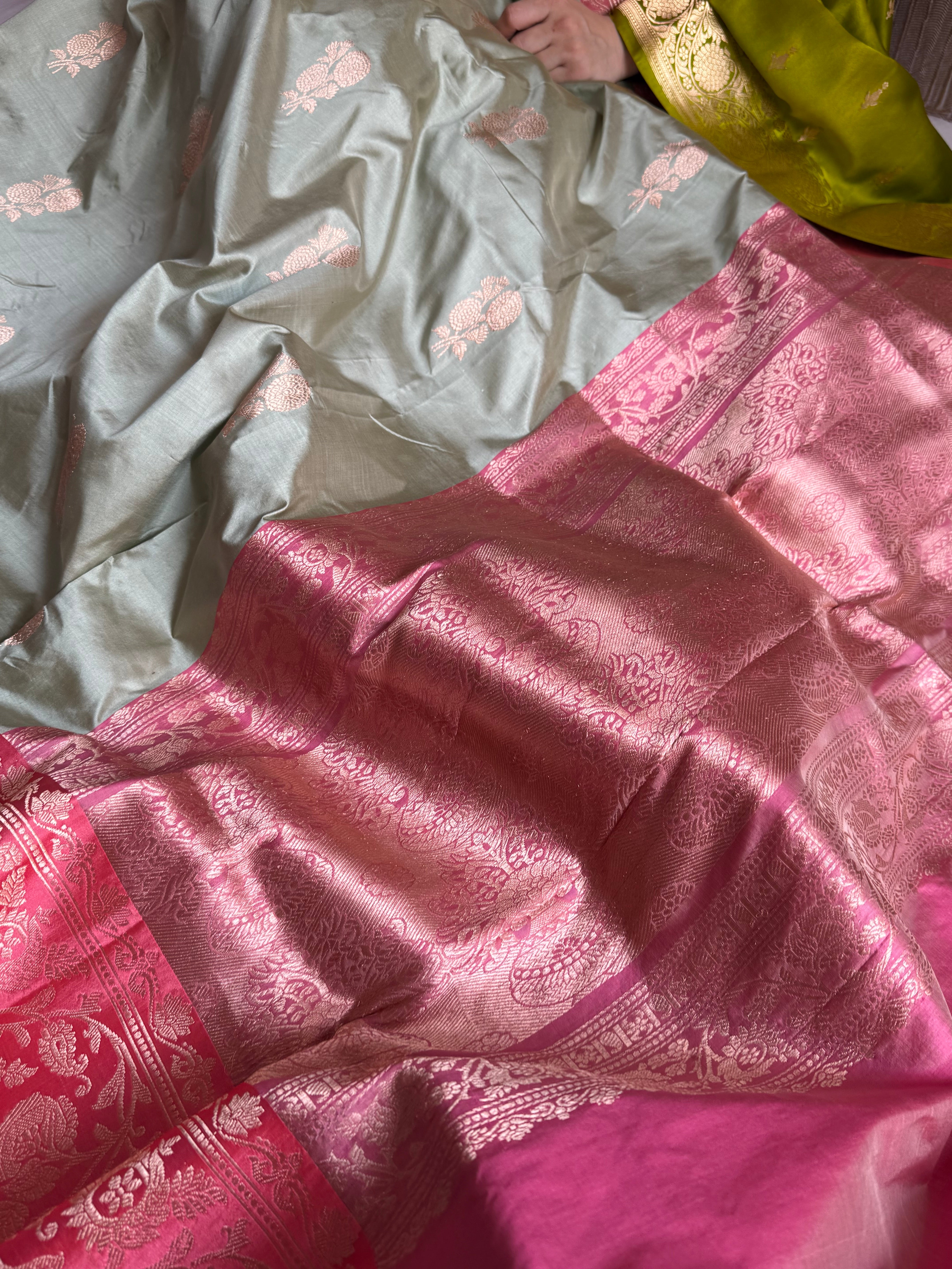 Mint green-peach contrast border katan kadhwa silk saree