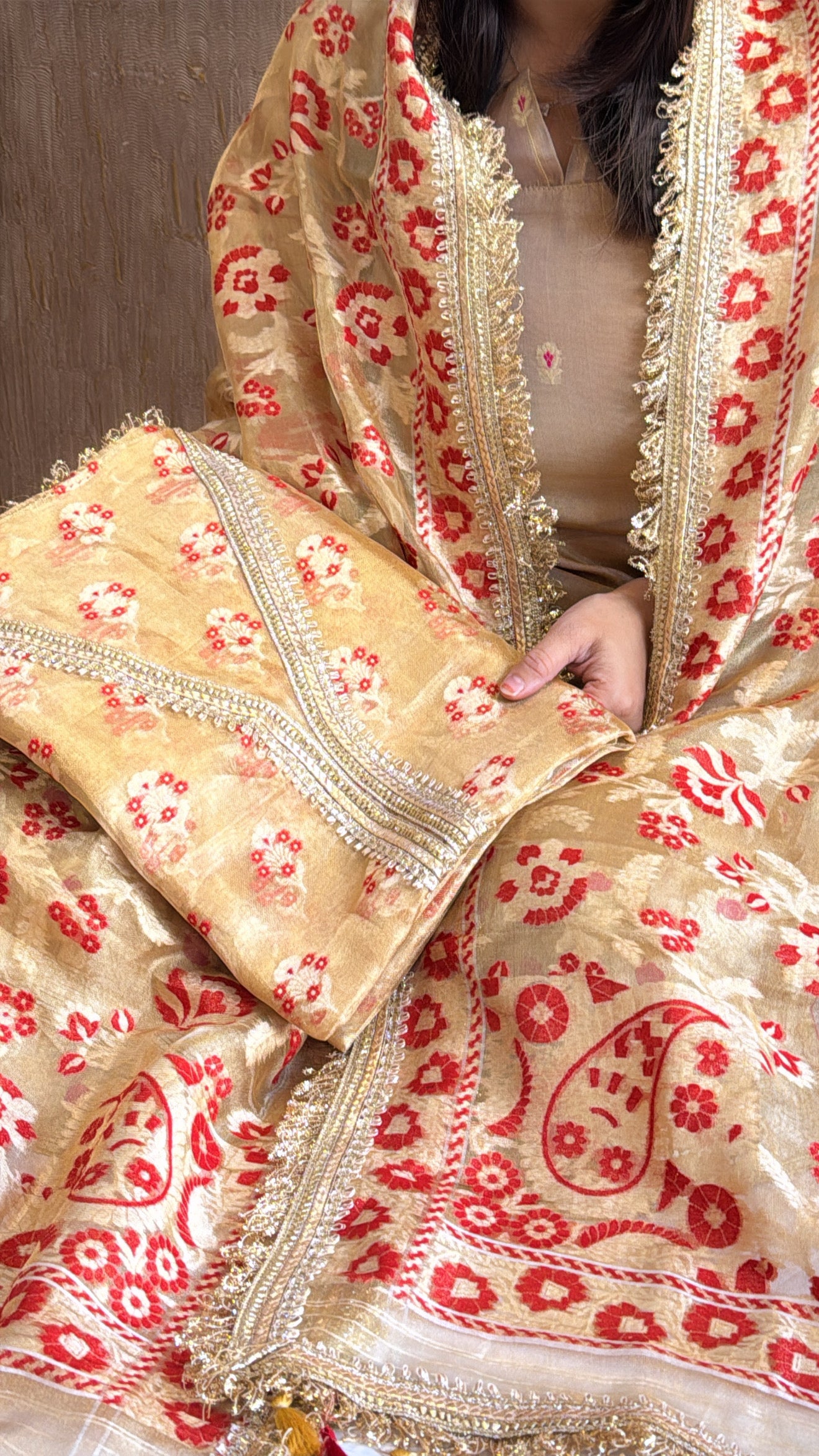 Vivah edit - Golden tissue silk jamdani meenakari weaving hand embroidered kadhwa suit set