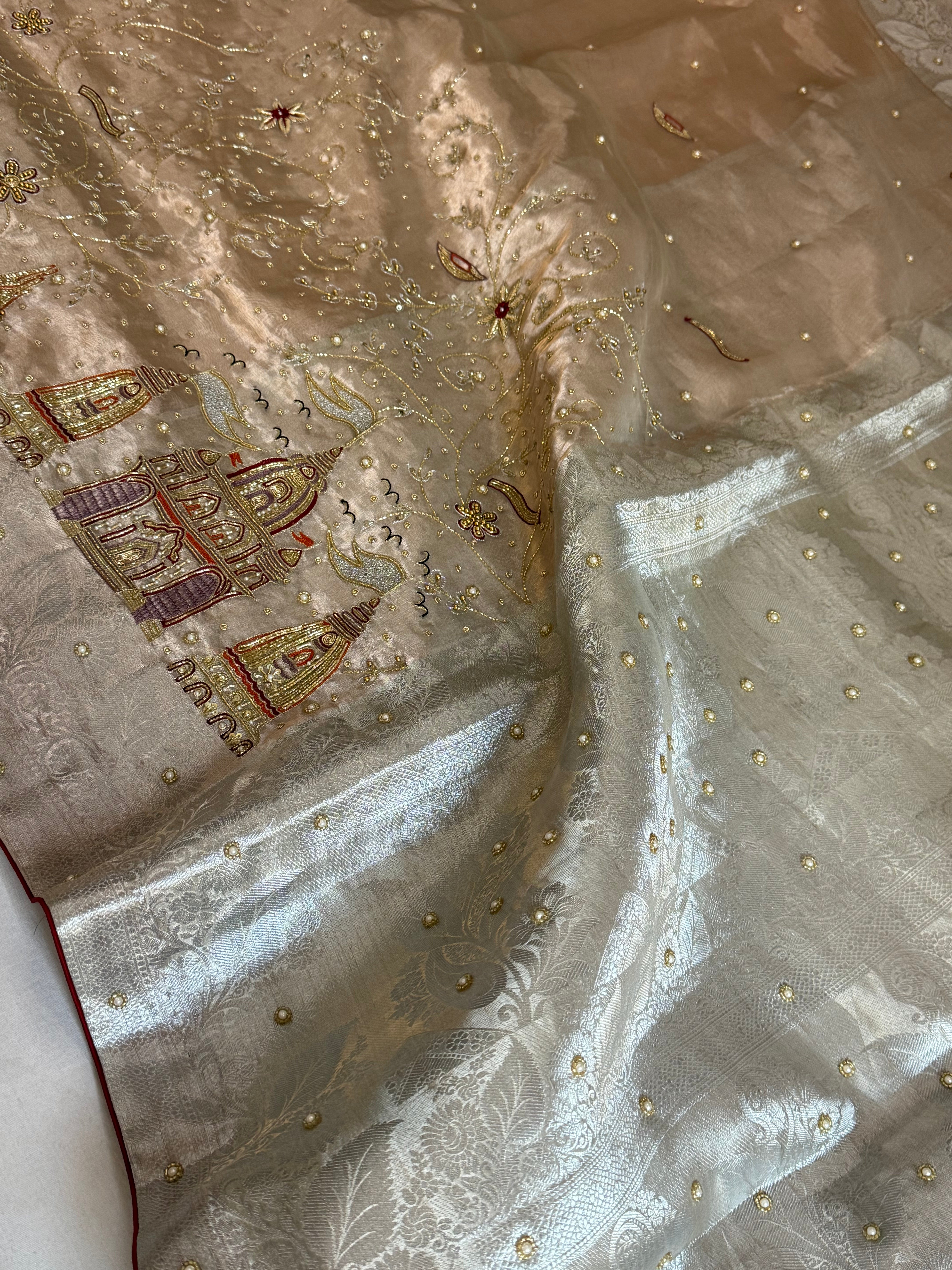 Aashirwad wali saree - tissue silk hand embroidered kadhwa saree in silver zari