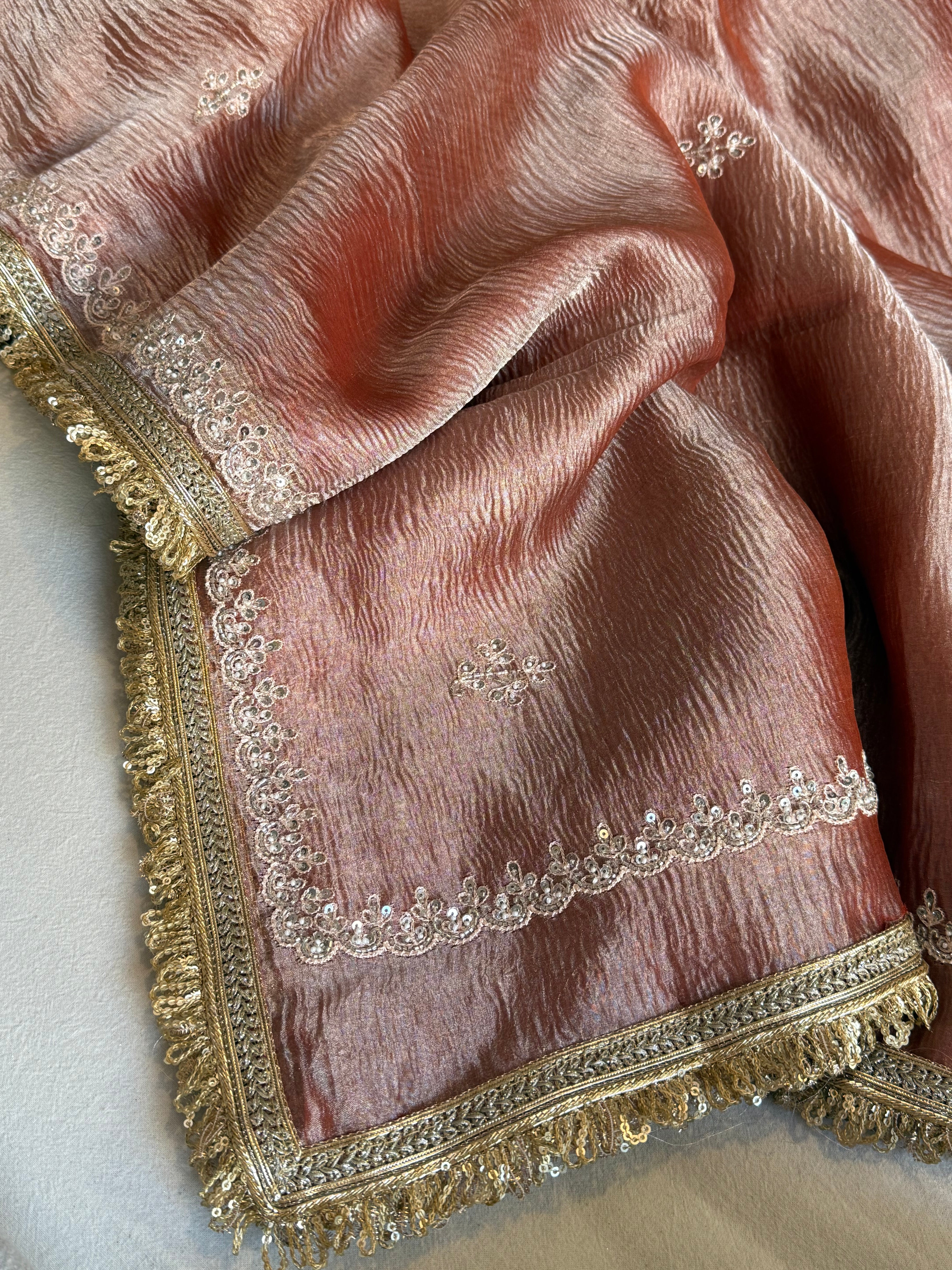 Crushed rose peach tissue silk hand embroidered kadhwa saree