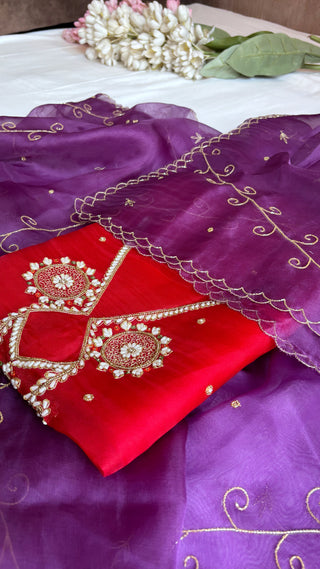 Husn red-purple shade kora silk hand embroidered suit set