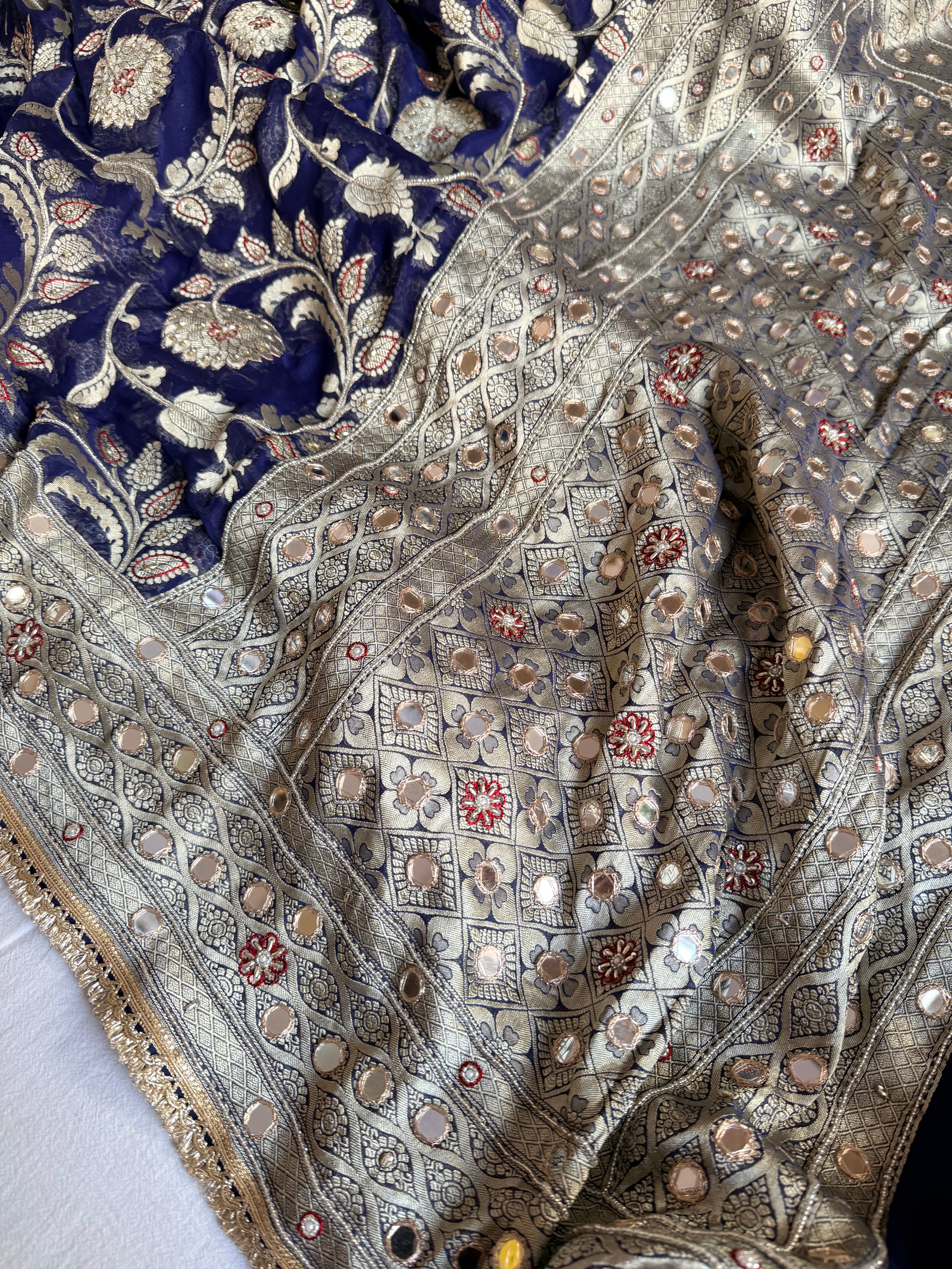 Banarasi chiffon gorgette kadhwa weaving hand embroidered saree