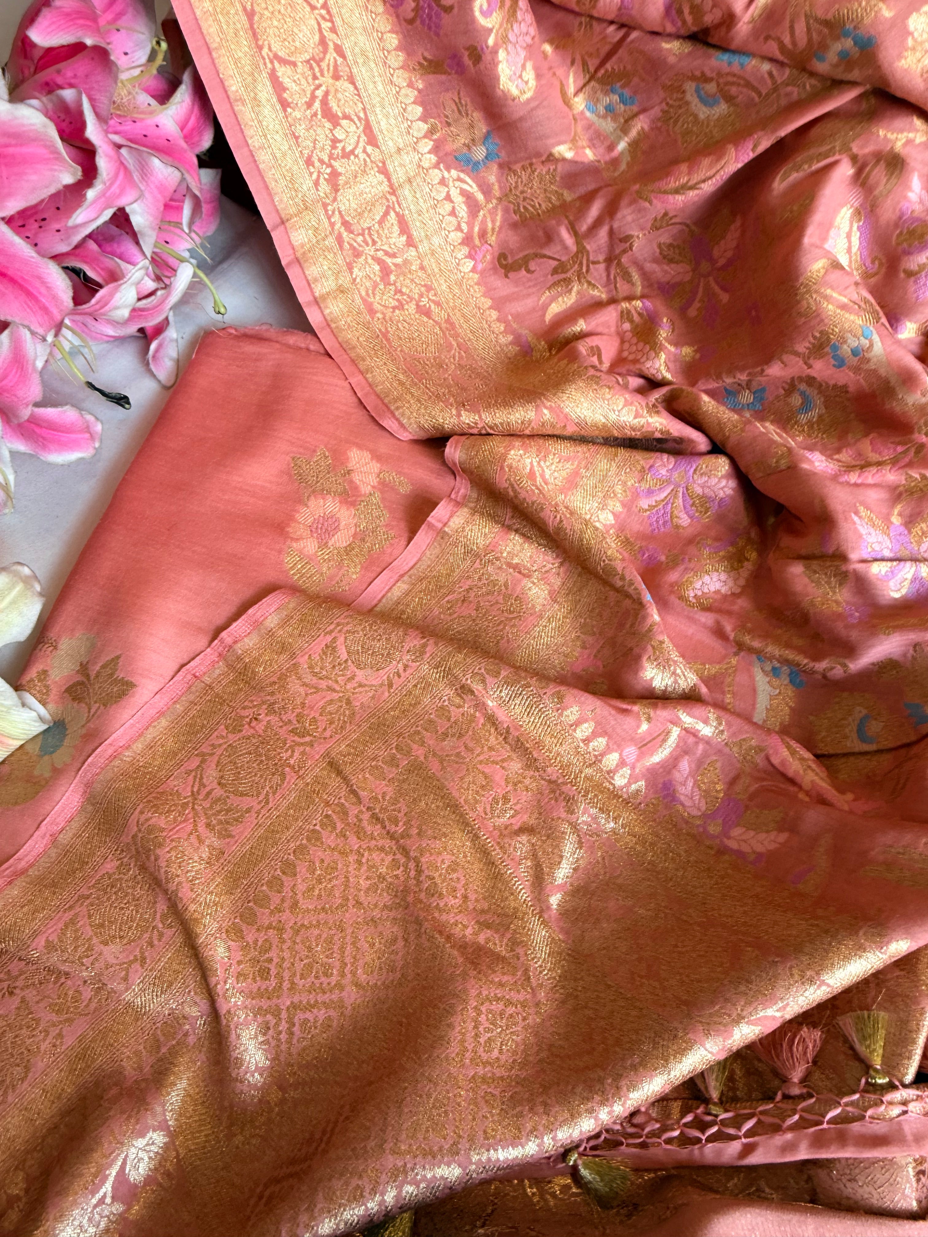 Banarasi blush peach moonga silk kadhwa meenakari suit set