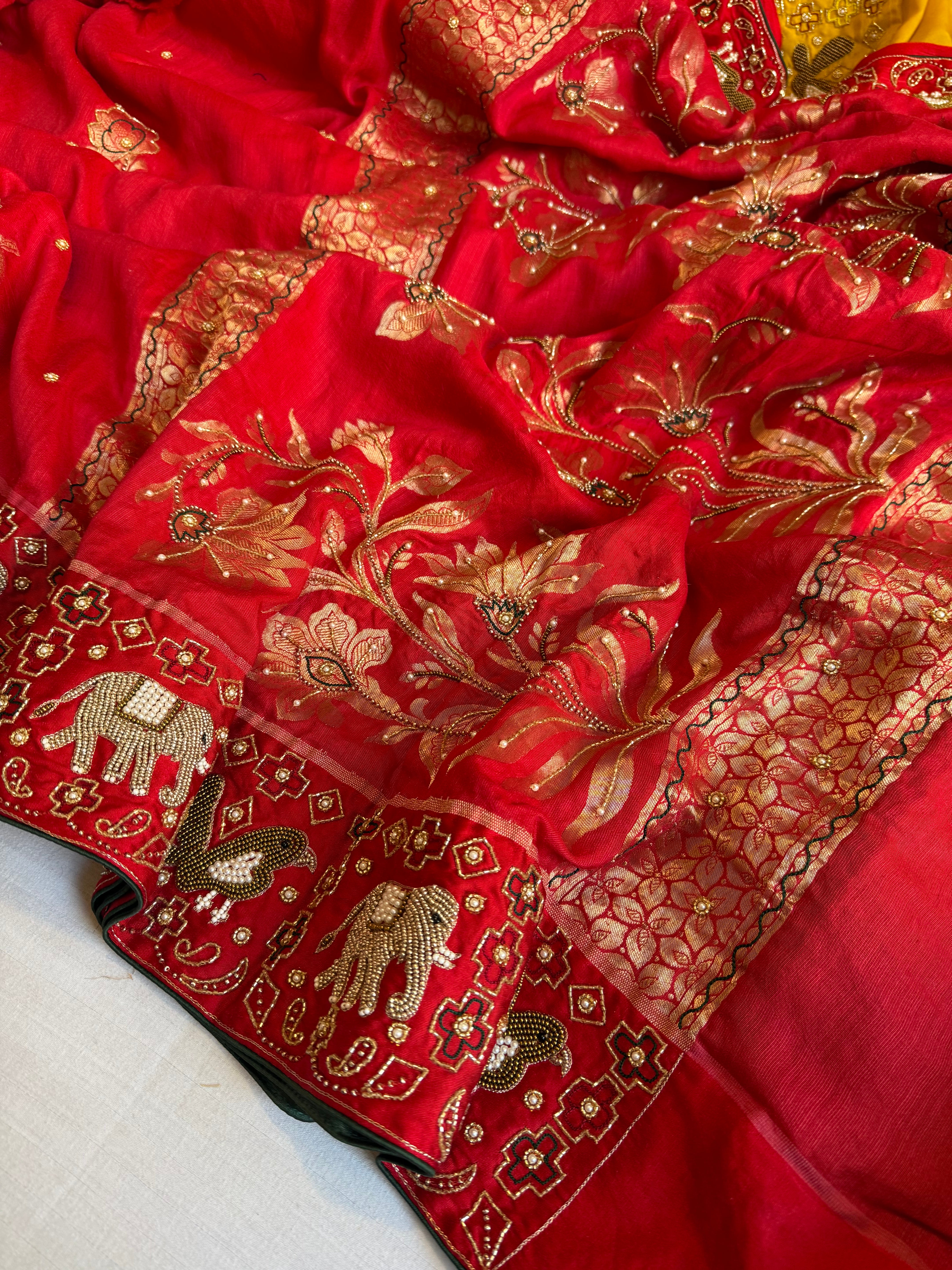 Moonga silk ikkat Patola weaving inspired hand embroidered kadhwa weaving saree