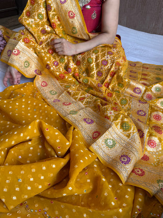 Mirror and dori work haldi yellow banarasi bandhej gorgette suit set