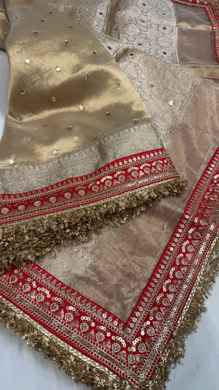 Diamond tissue silk chunri buti hand embroidered panetar saree