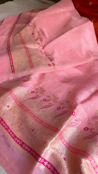 Gulabi pink linen gorgette meenedar daman kadhwa suit set