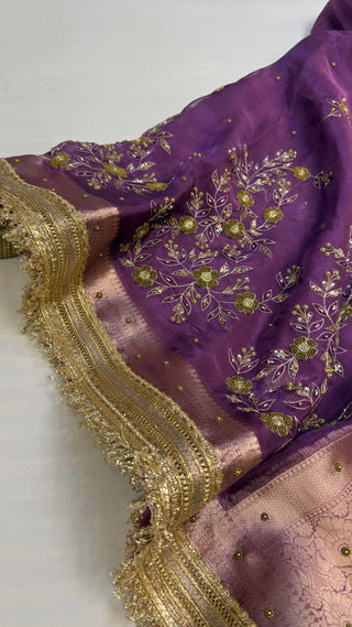 Husn shadi wali saree - Soft violet husn tissue silk heavy hand embroidered saree