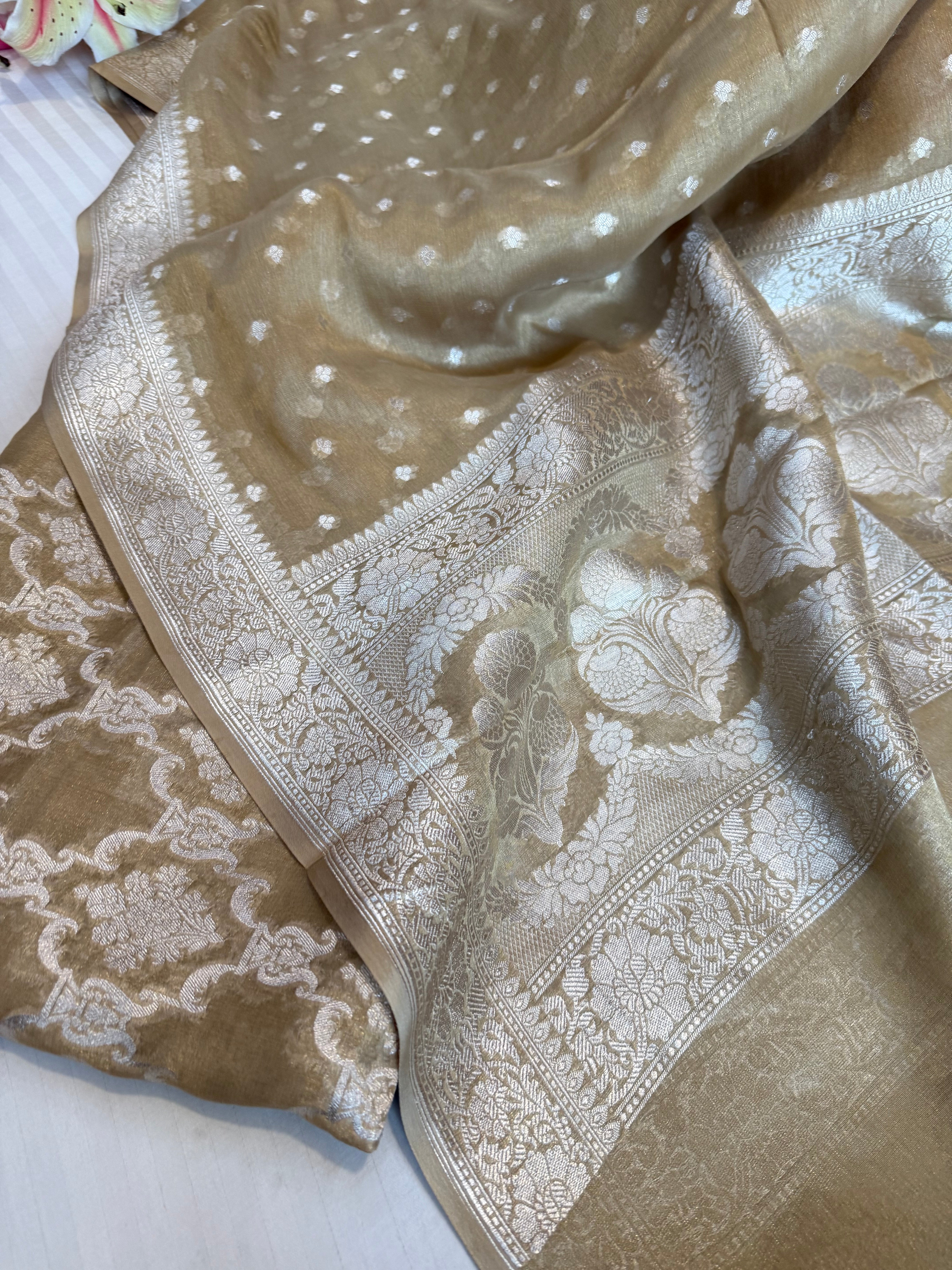 Dull golden-green banarasi tissue gorgette silver zari kadhwa suit set