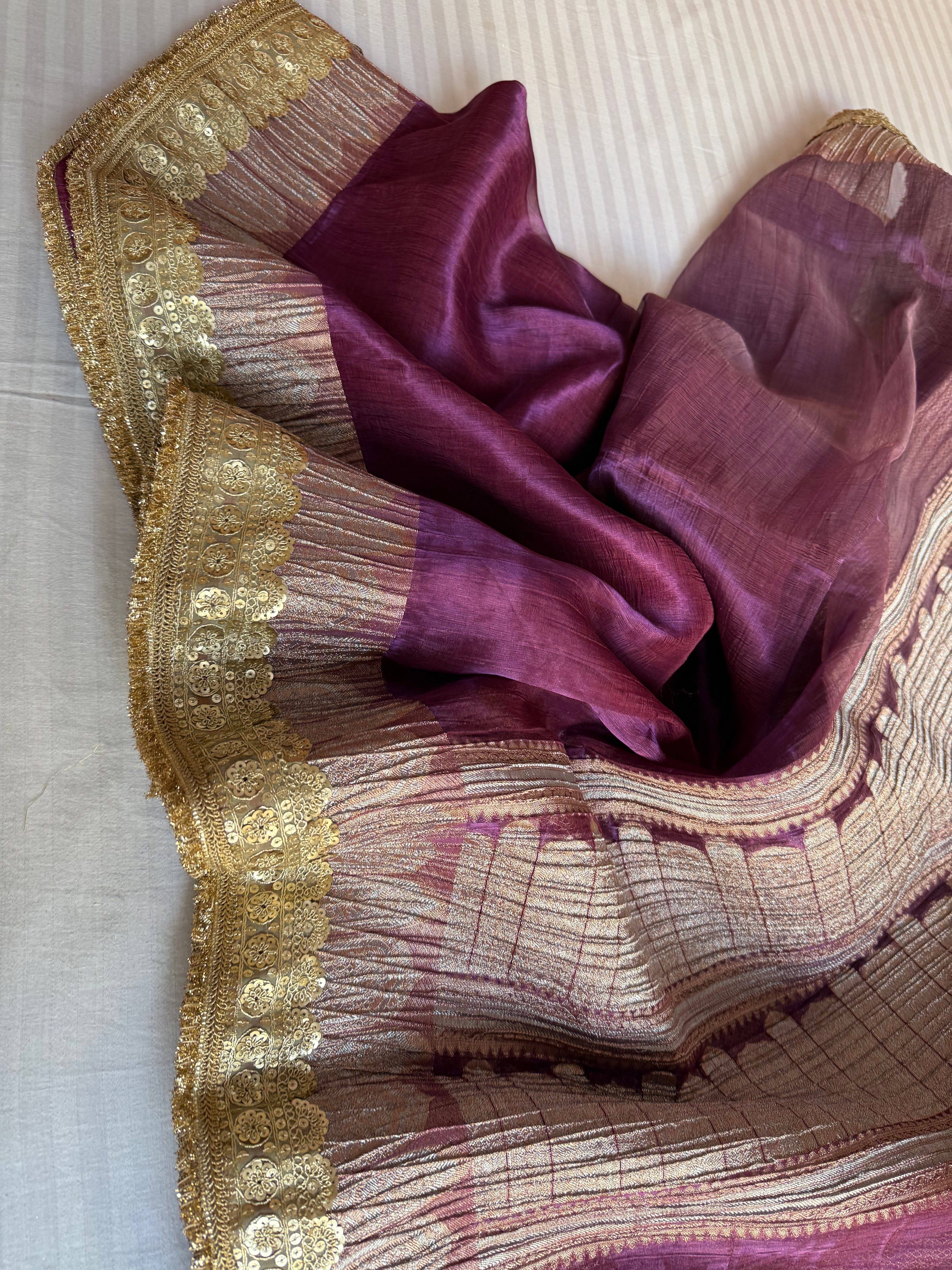 Midnight purple dhup chao effect pleated maharani tissue silk saree