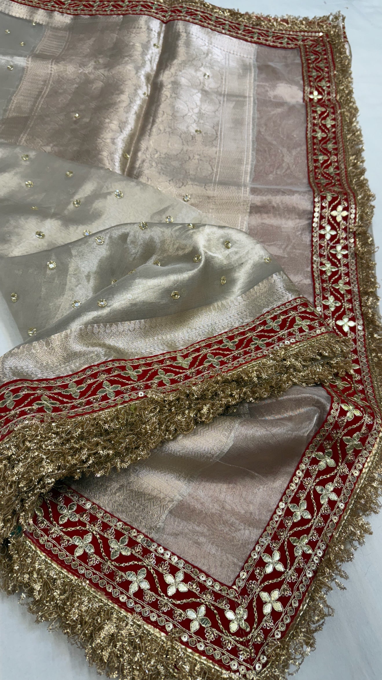 Diamond tissue silk chunri buti hand embroidered panetar saree
