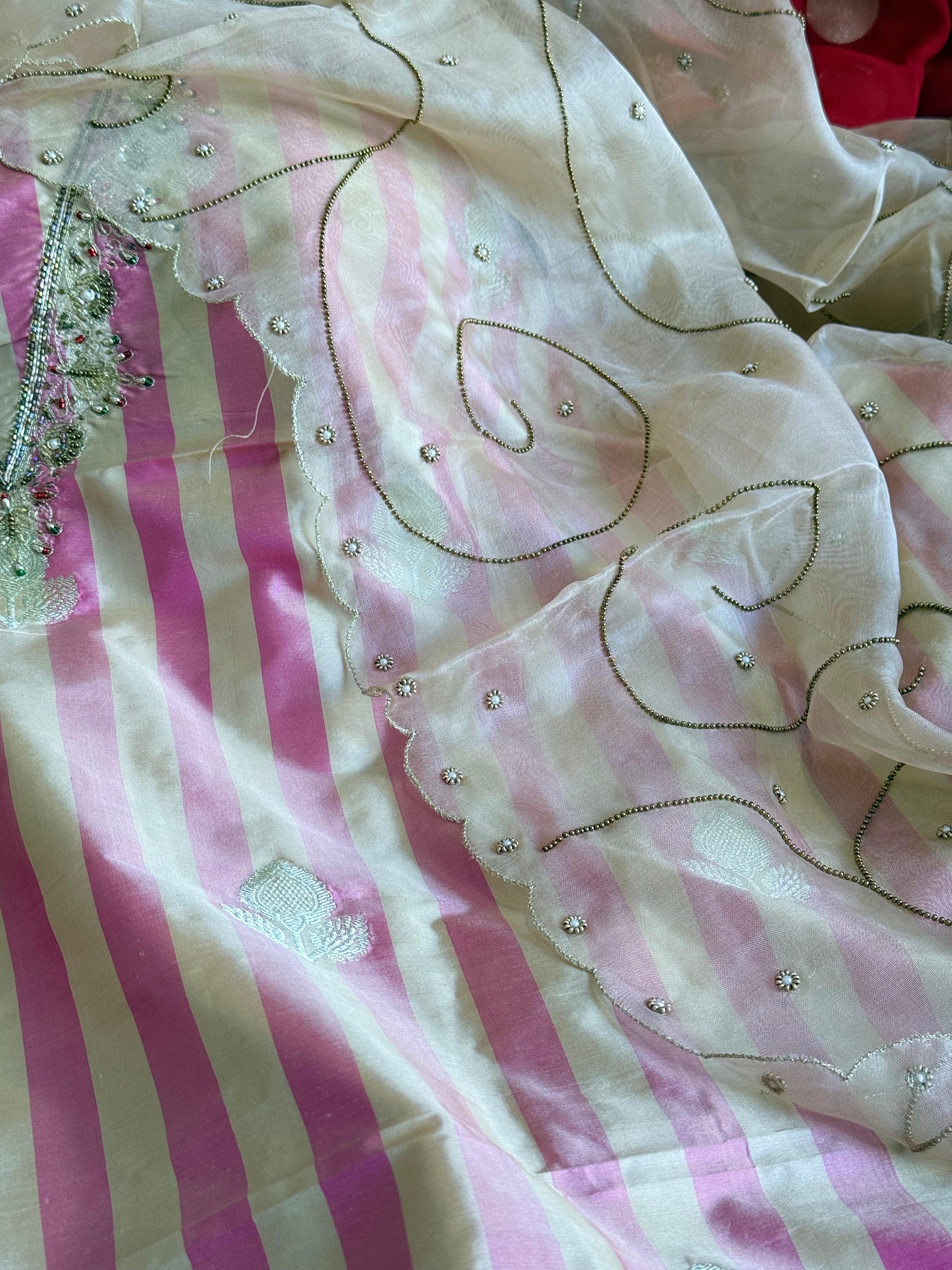 Katan silk kadhwa striped hand embroidered dhup chao effect suit set