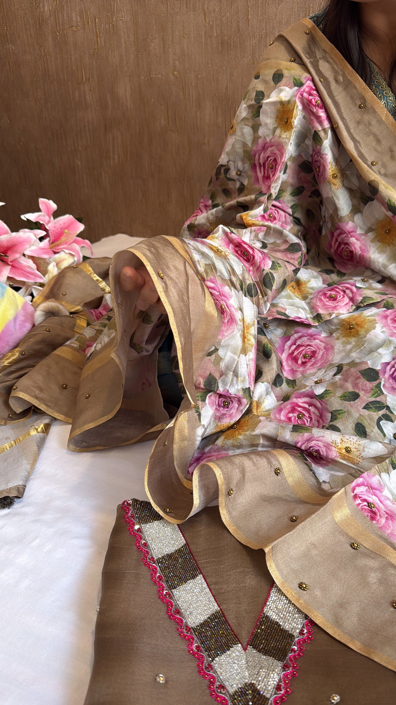 Kora silk rasleela neckline hand embroidered kurta paired with printed duppata set