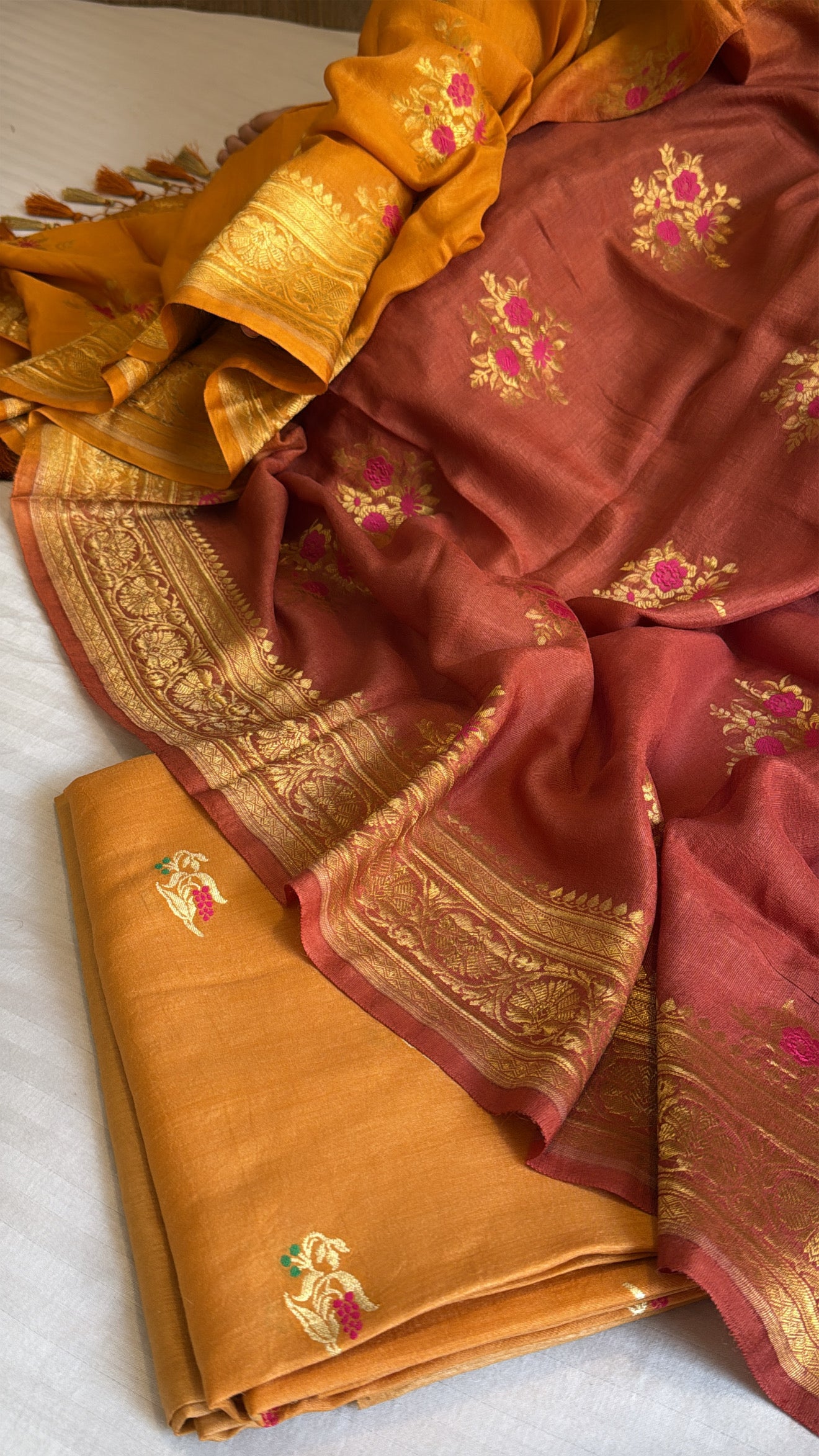 Rust orange ombre shaded moonga silk meenakari kadhwa suit set