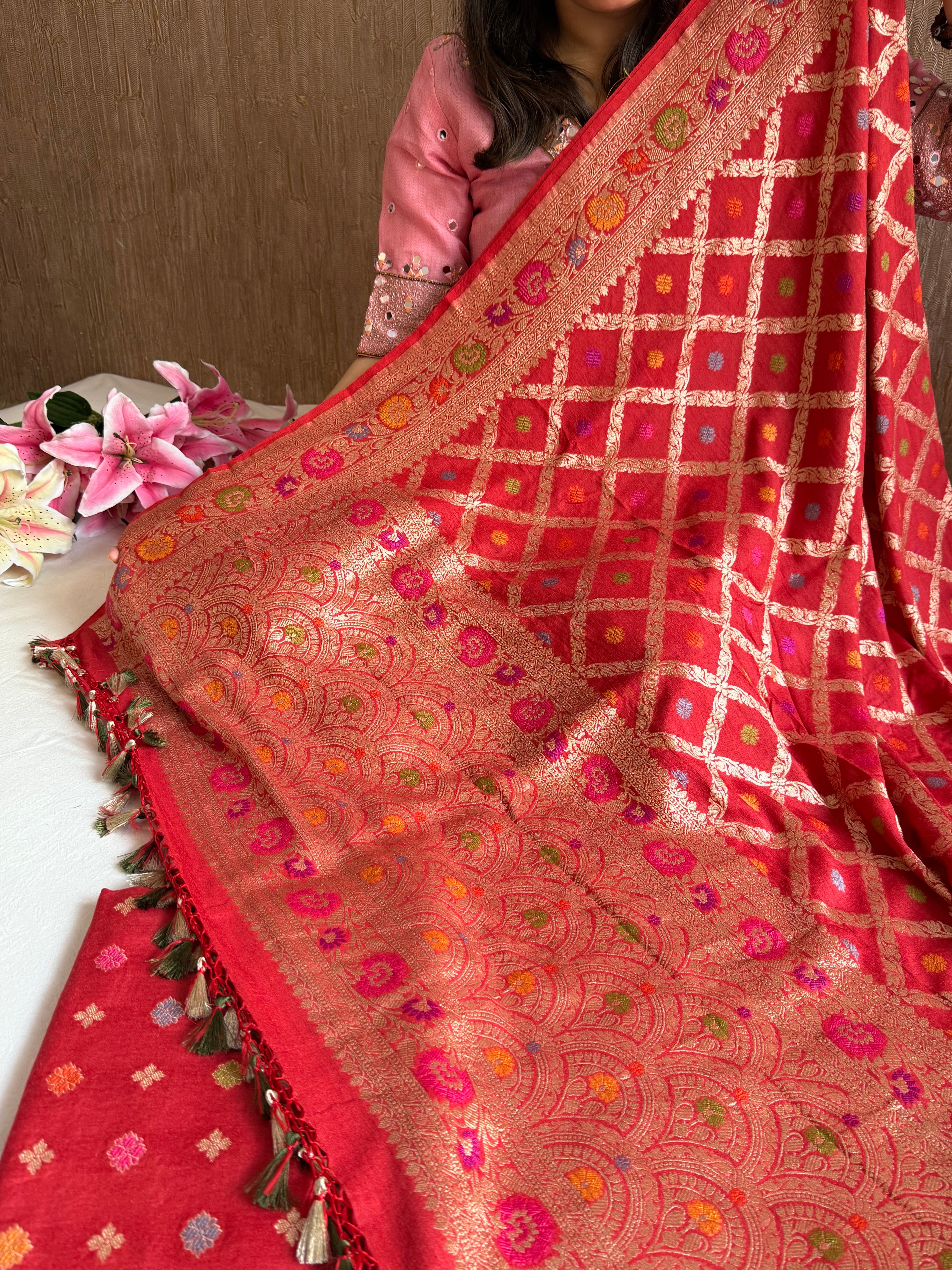 Moonga silk meenakari chaukadi duppata kadhwa jungla suit set