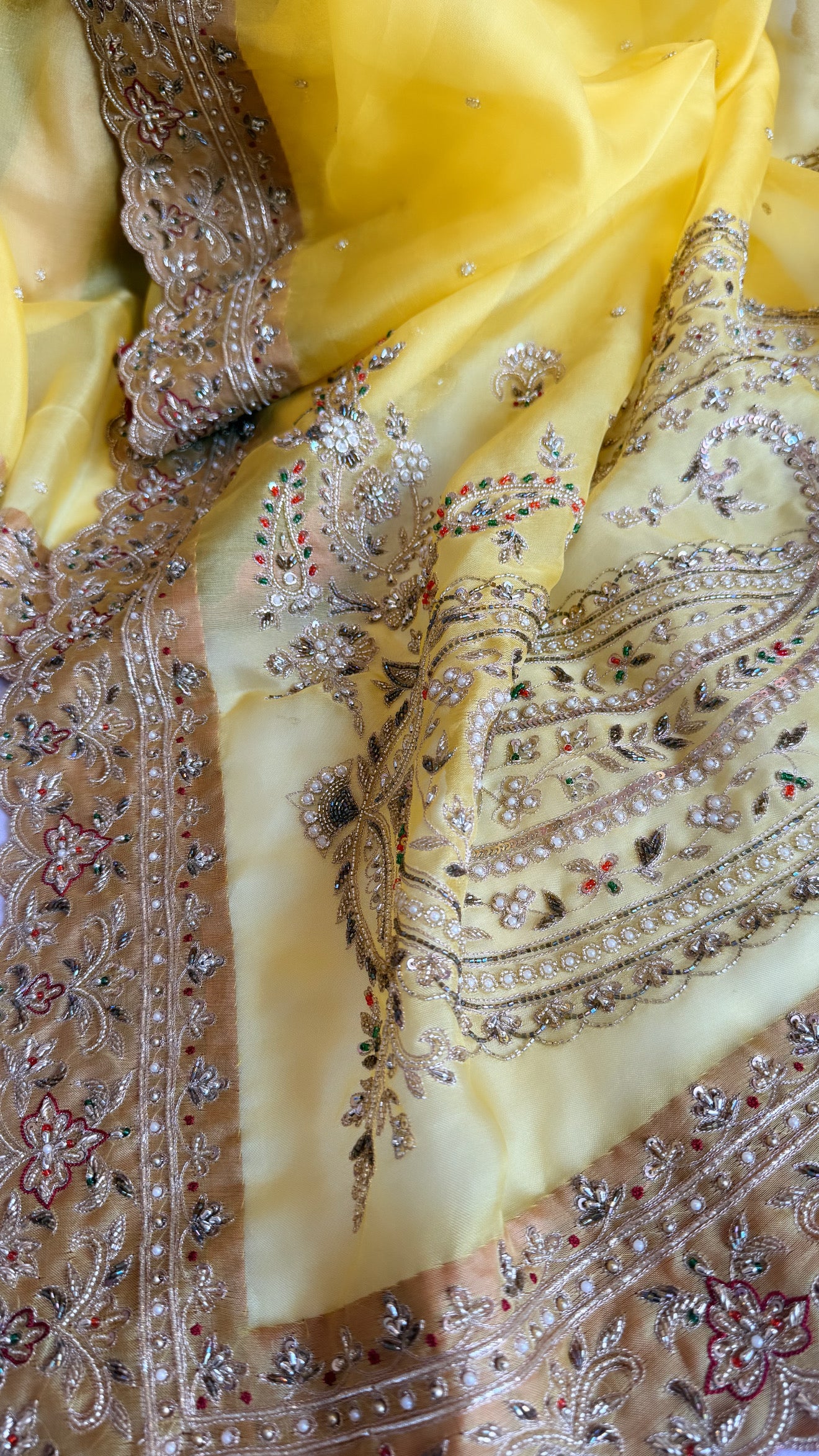 Mummy ki purani wali saree edit - Lemon yellow kora silk kadhwa hand embroidered saree