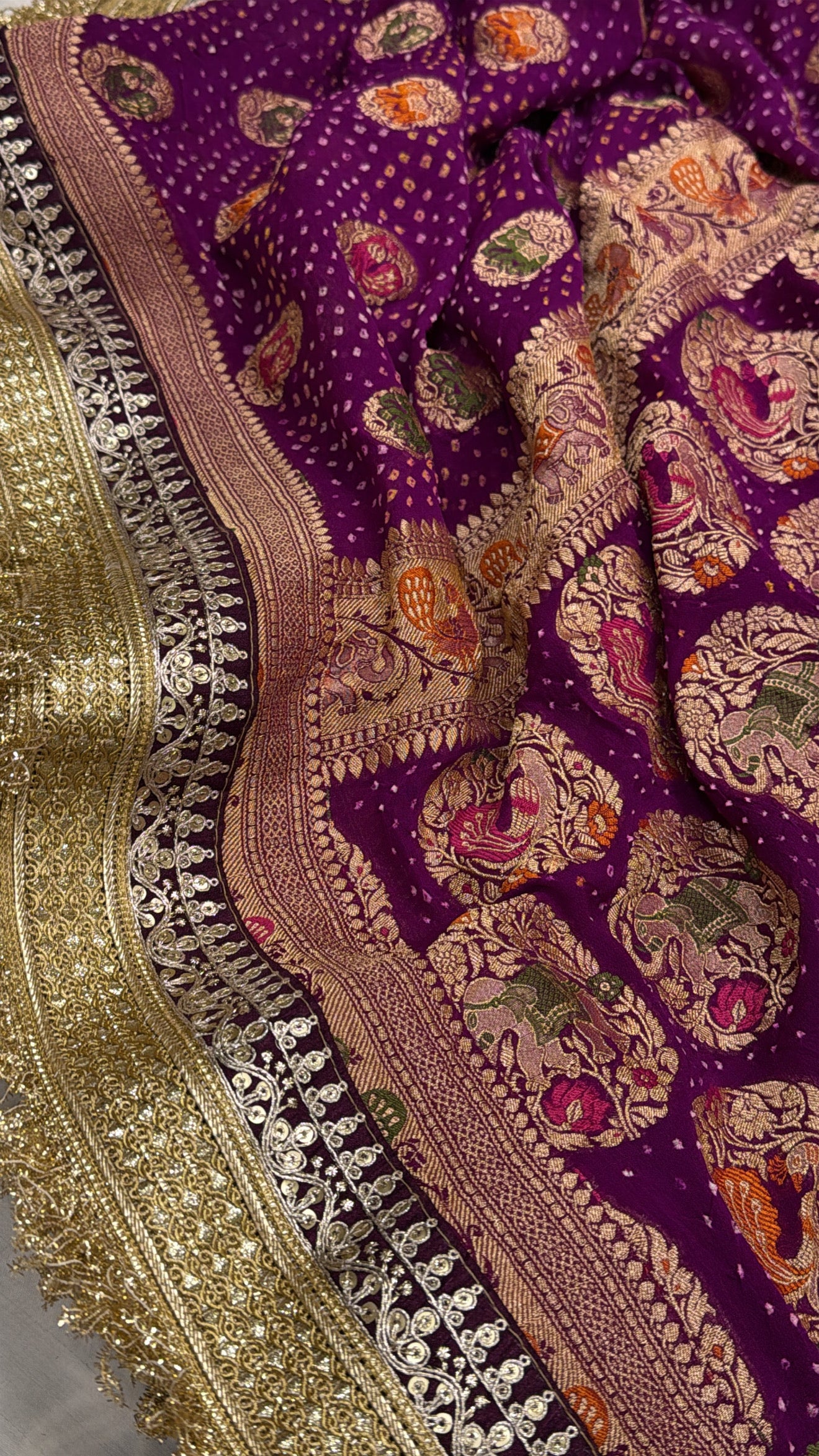 Magenta purple banarasi chiffon gorgette rai bandhej kadhwa saree