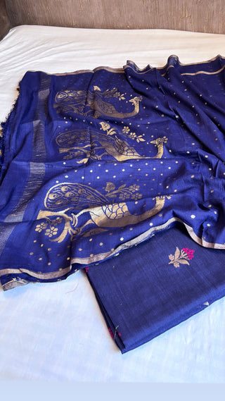 Royal blue moonga silk meenedar suit set