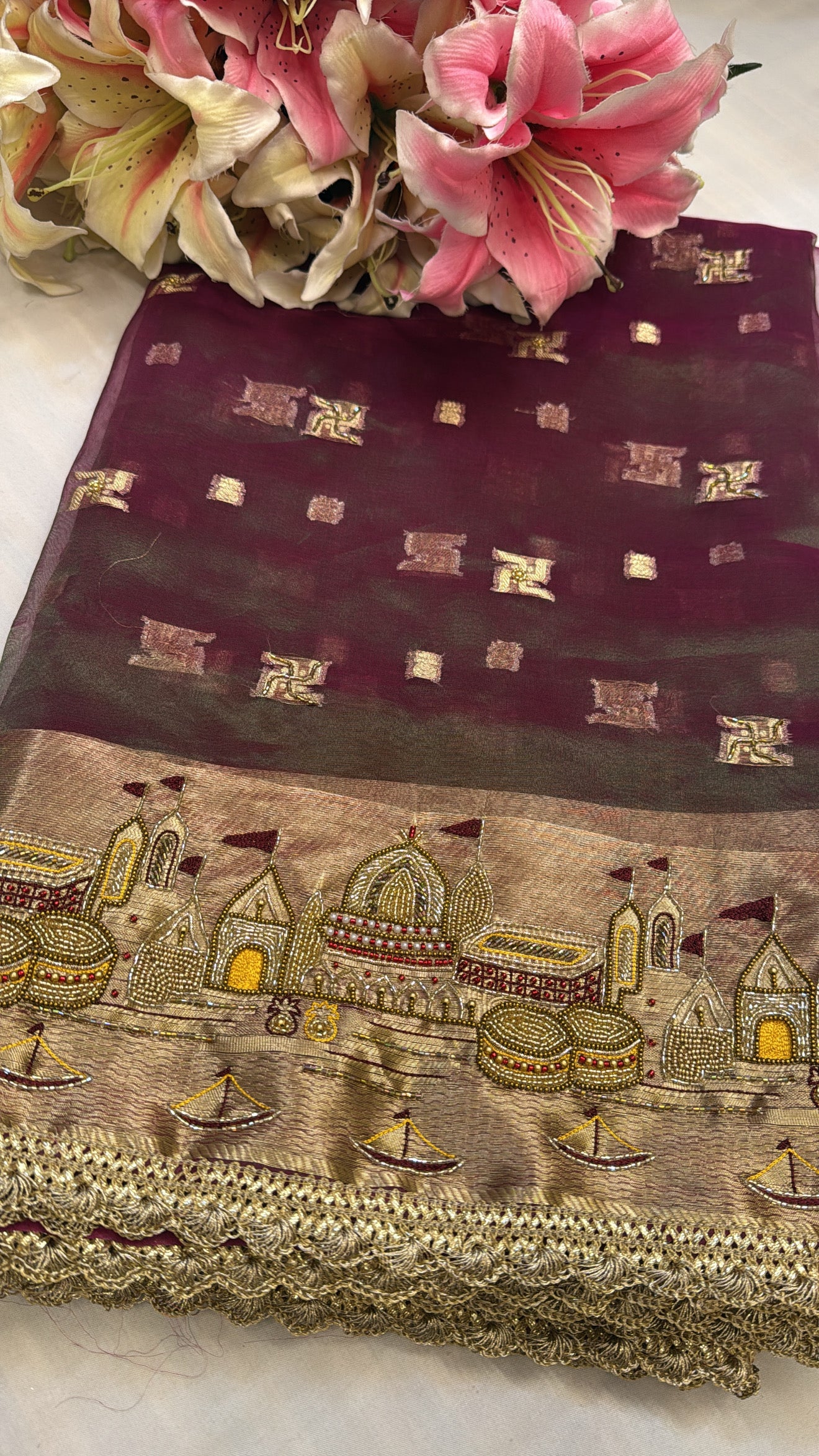 Gangaghat edit pinkish green dhup chao effect hand embroidered saree