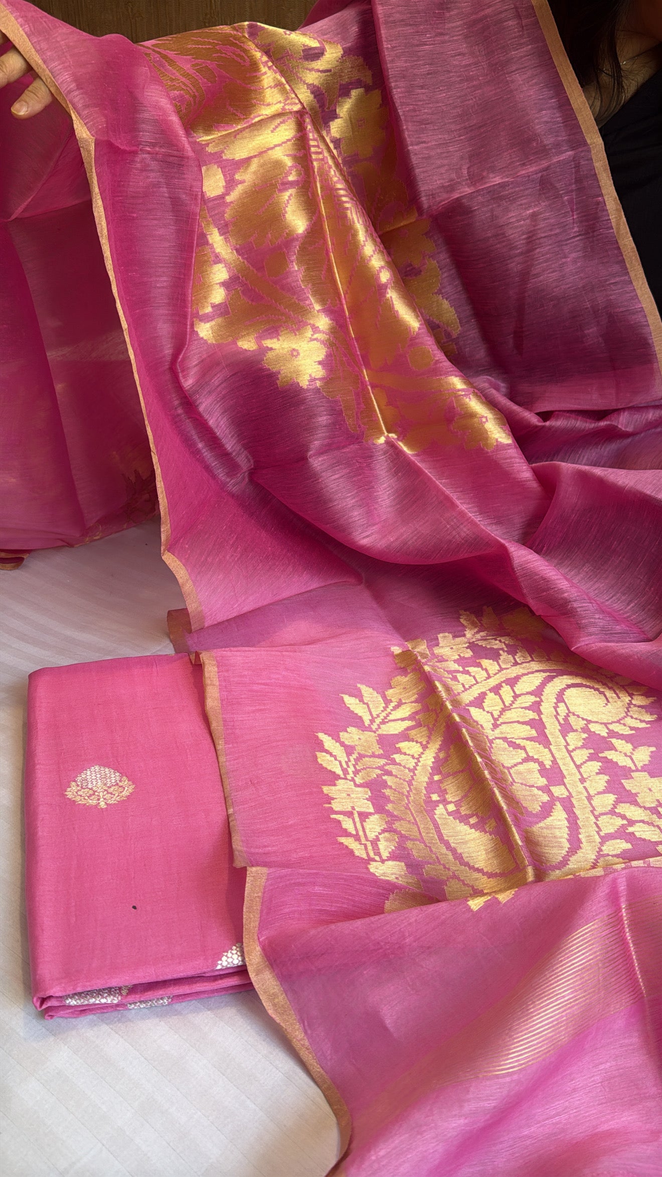 Candy pink linen gorgette ambi motif heavy suit set