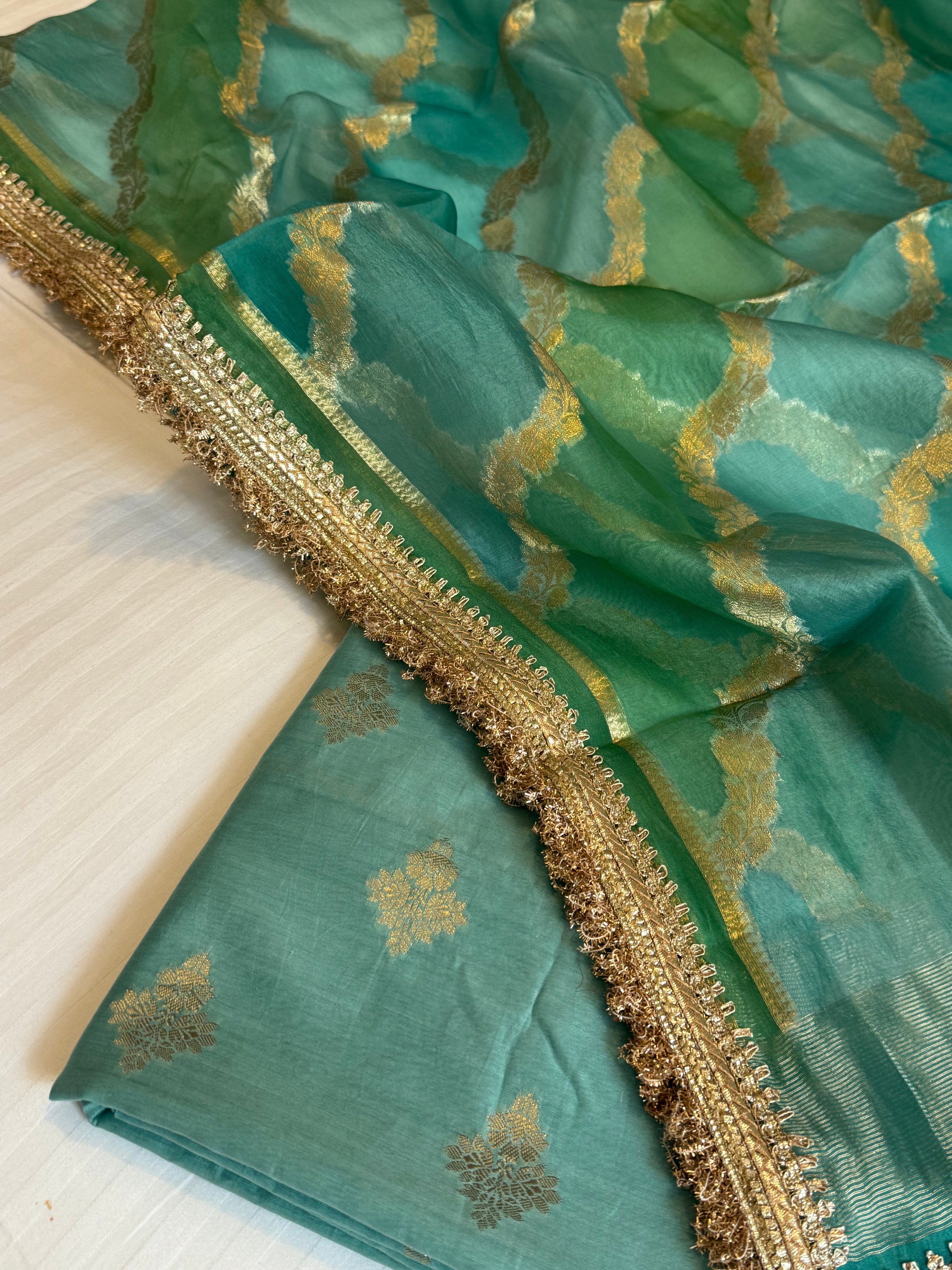 Shades of rama green - Kora silk rangkaat duppata paired with silk kurta set