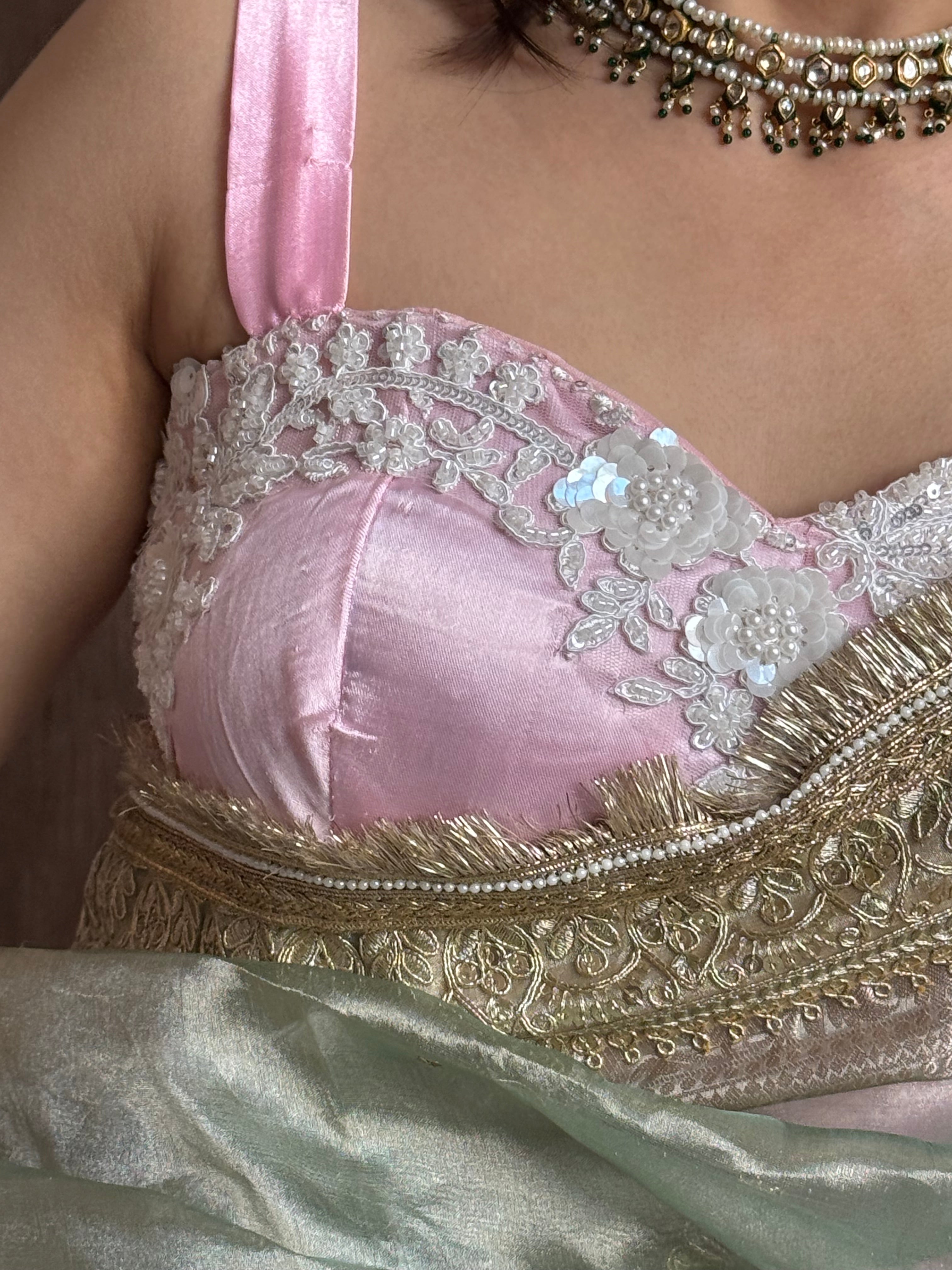 Satin blush pink pearl hand embroidered stitched blouse piece ( SIZE - 36 )