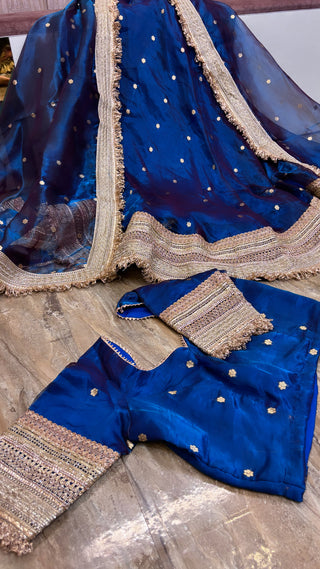 Mastani peacock blue tissue silk kadhwa buti dhup chao effect lehenga set