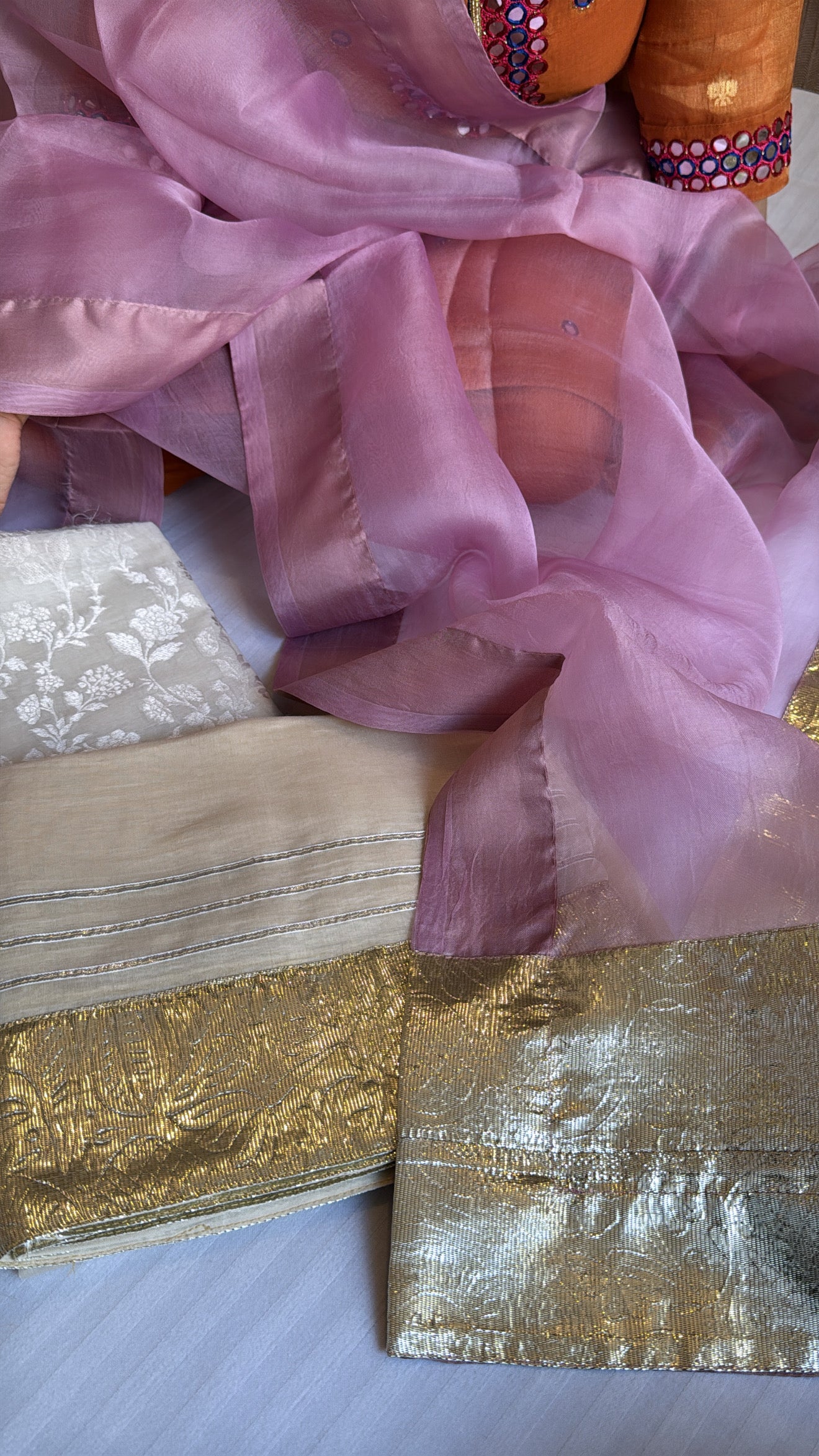 Ivory handloom cotton kadhwa jaal gotapatti suit paired with mouve kora silk gotapatti duppata set