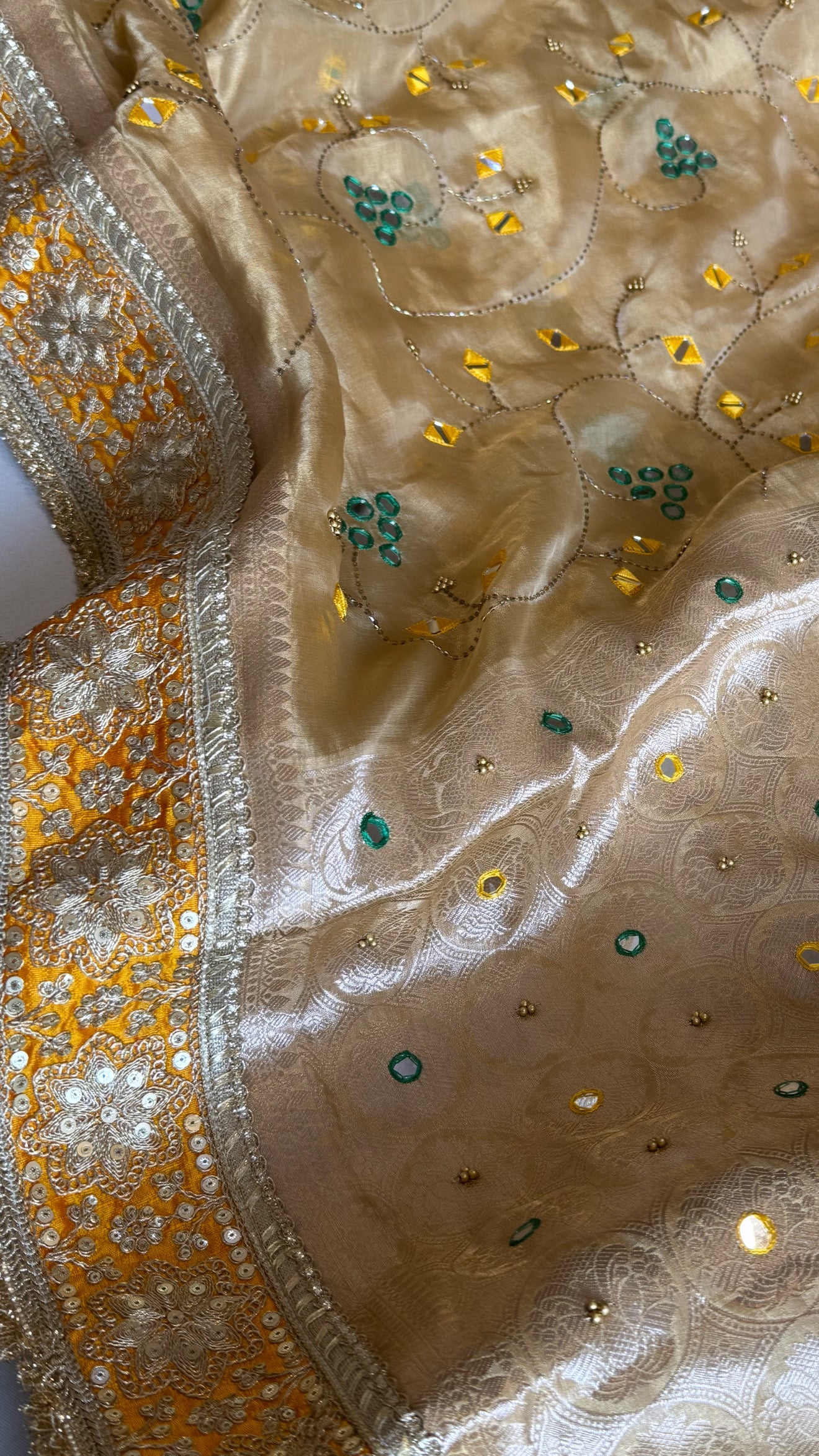 Sheesham edit - Heavy double tissue silk mirror work hand embroidered saree