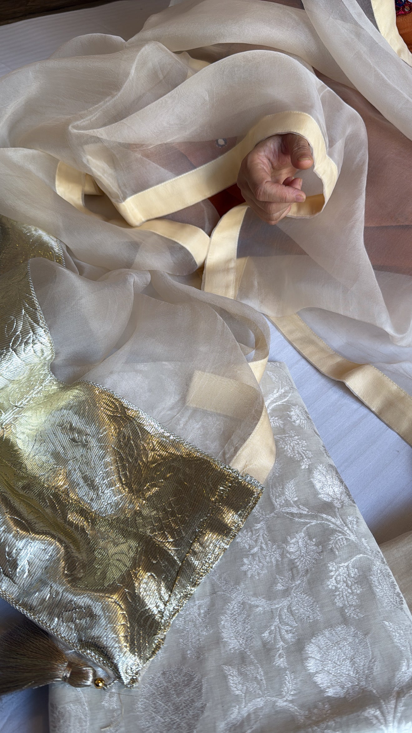 Ivory handloom cotton kadhwa jaal gotapatti suit set with kora silk gotapatti duppata