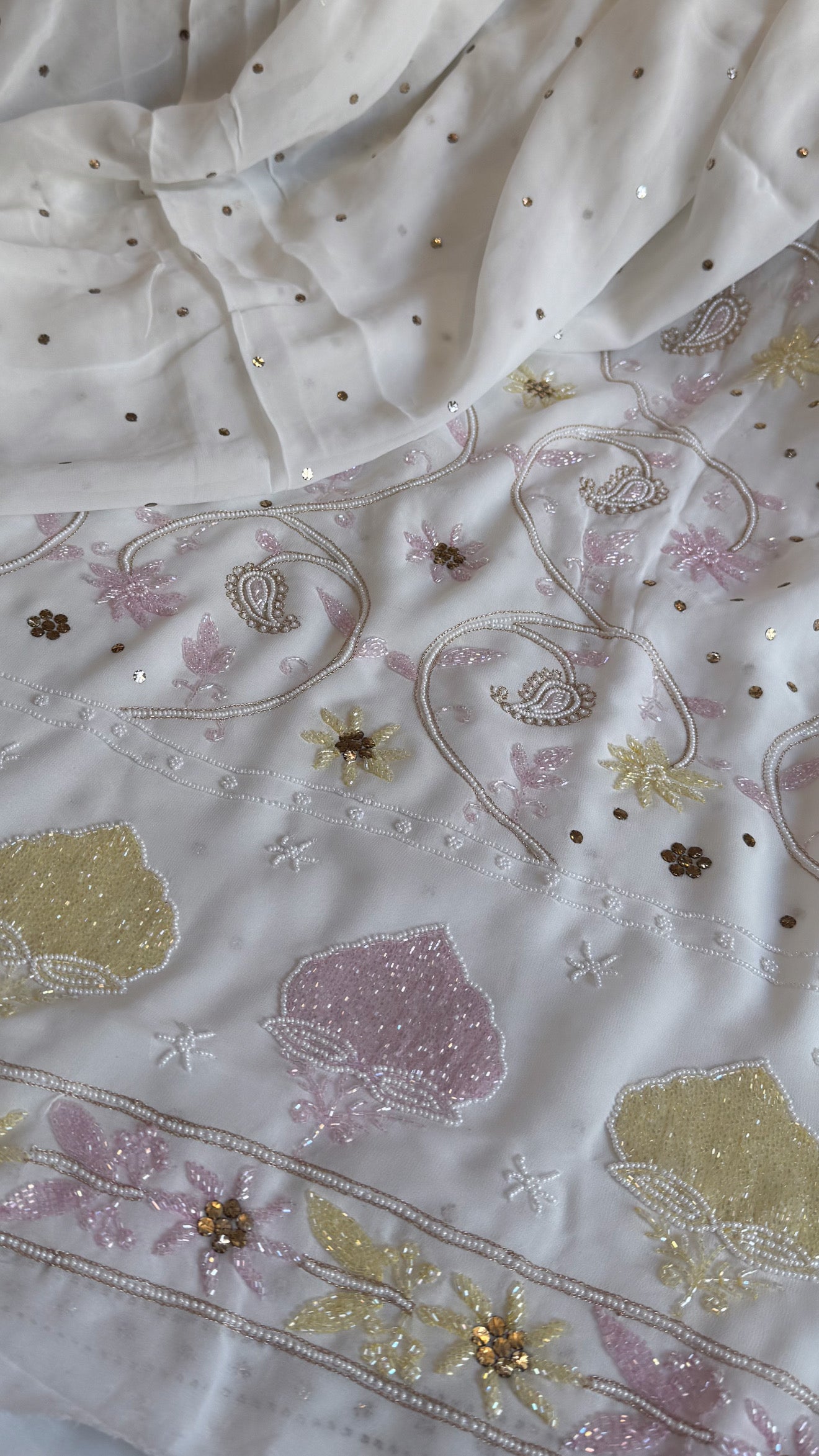 Banarasi gorgette mukaish and pearlwork hand embroidered kadhwa suit sets