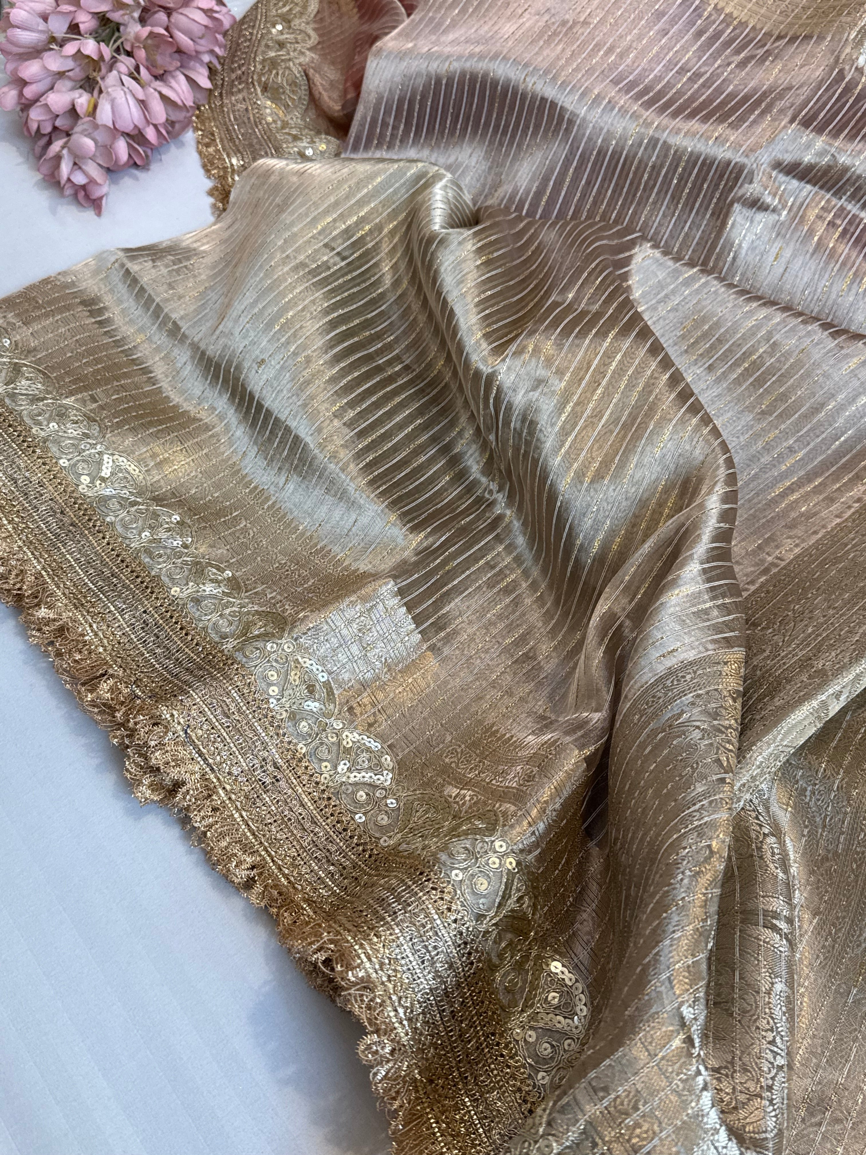 Maharani rang birangi tissue silk zari striped kadhwa saree