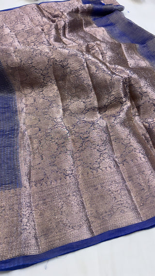 Pure banarasi ink blue crushed tissue silk handwoven kadhwa saree with intricate border and kadhwa blouse