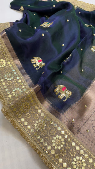 Baarat wali saree - Metallic deep blue husn tissue silk elephant motif hand embroidered saree