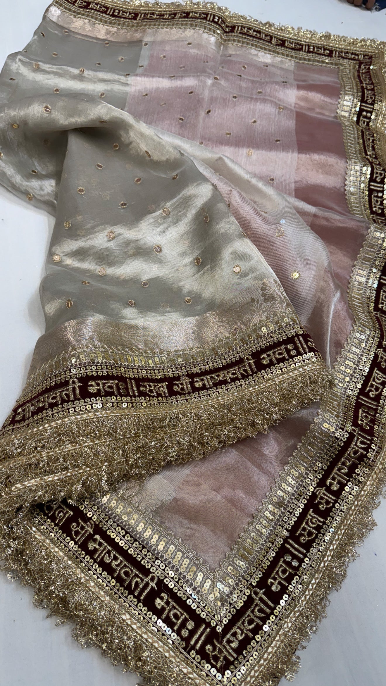 Diamond tissue silk chunri buti hand embroidered panetar saree