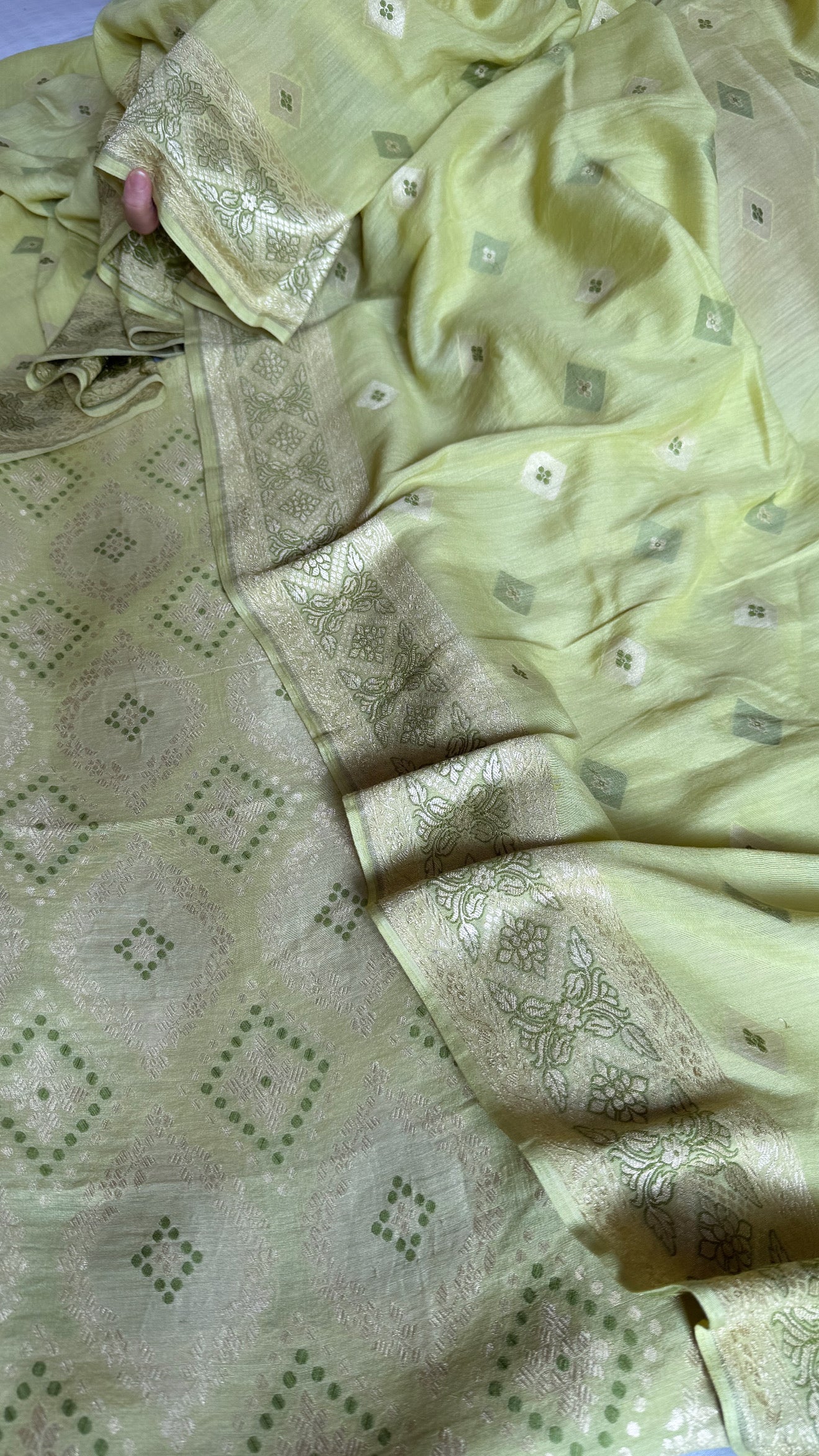 Lime green moonga silk bandhej weaving kadhwa suit set
