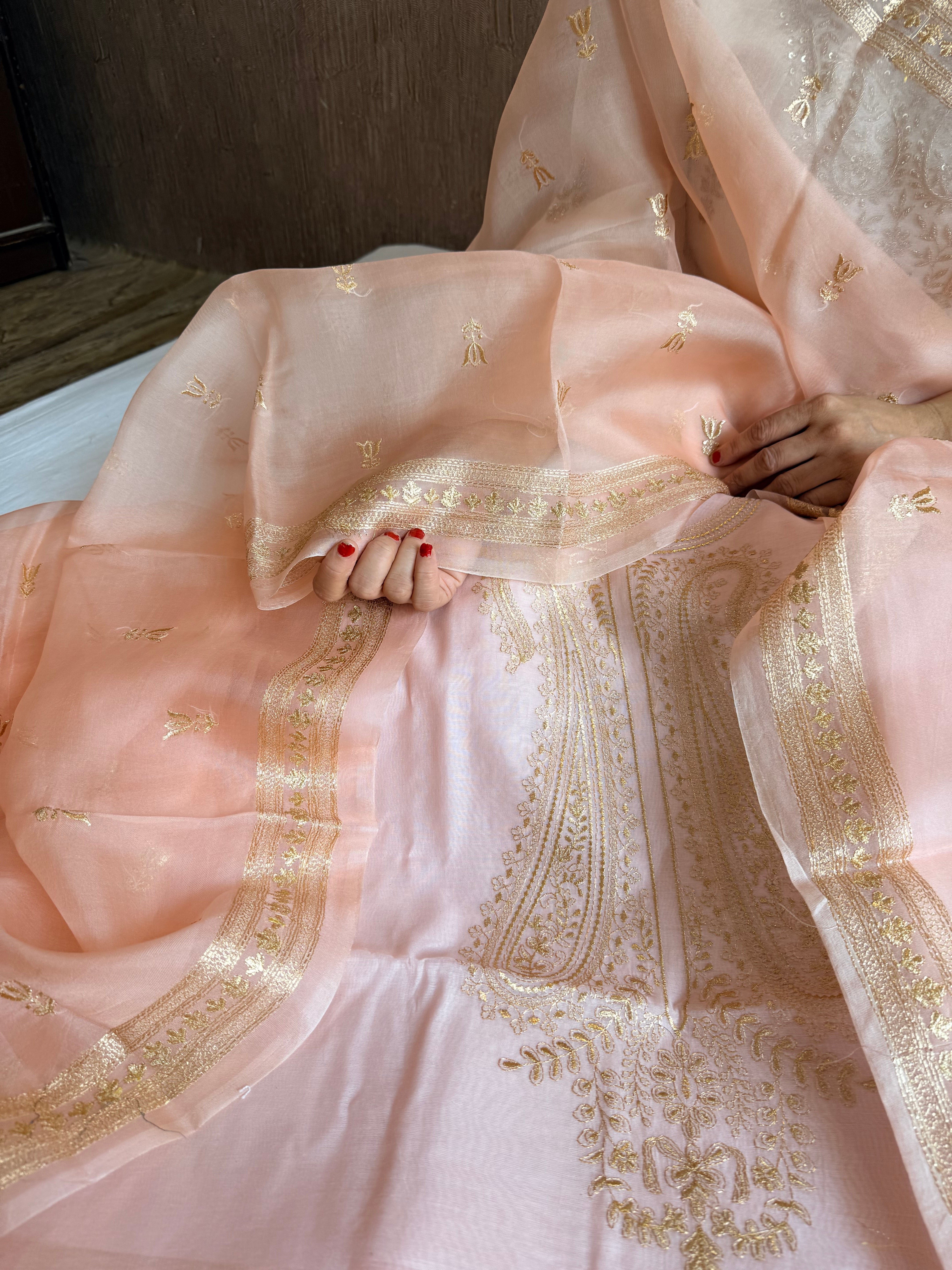 Mul cotton aariwork hand embroidered banarasi suit set